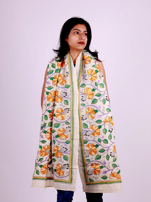 Hand-Embroidered Kantha Stitch Cotton Stole