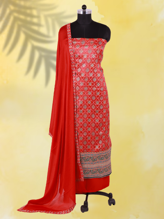 Pure Russian Dola Silk Jacquard Unstitched Suit Set with Dupatta