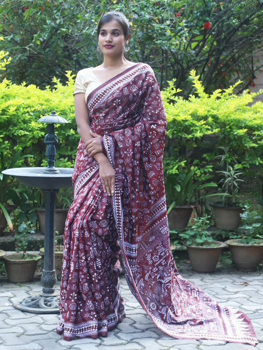 Handpainted Eri Peace Silk Saree with All-Over Warli Art Motifs