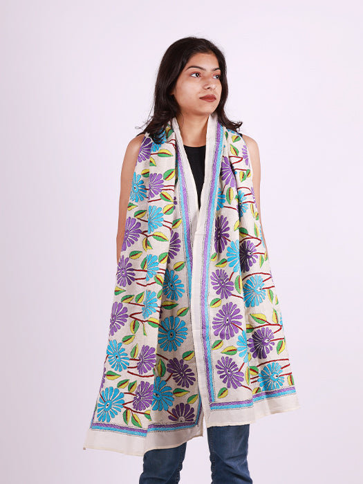 Handcrafted Pure Silk Kantha Stitch Embroidered Stole