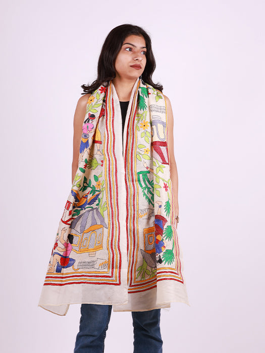 Handcrafted Pure Silk Kantha Stitch Embroidered Stole