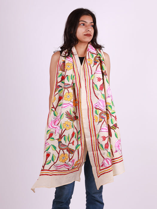 Hand-Embroidered Kantha Stitch Cotton Stole
