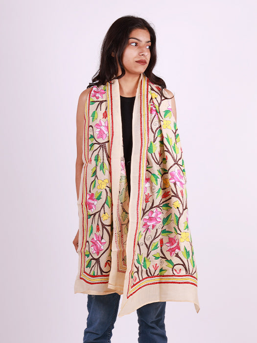 Handcrafted Pure Silk Kantha Stitch Embroidered Stole