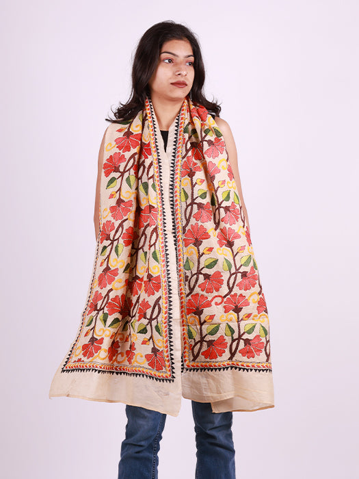Handcrafted Pure Silk Kantha Stitch Embroidered Stole