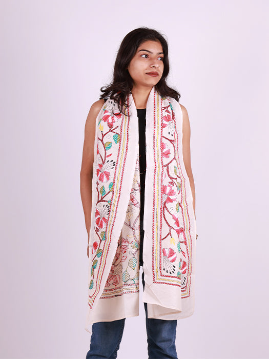 Hand-Embroidered Kantha Stitch Cotton Stole