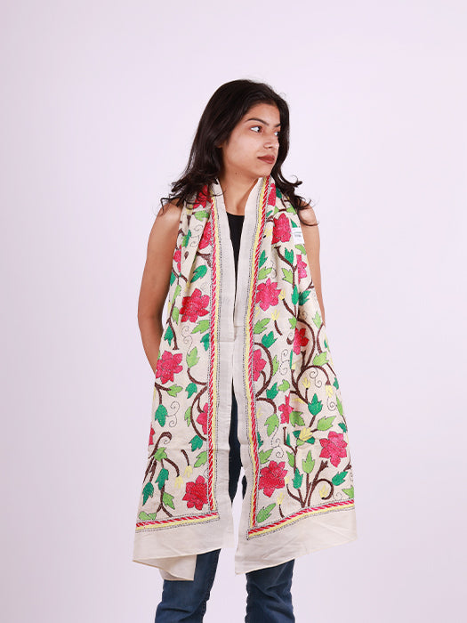 Handcrafted Pure Silk Kantha Stitch Embroidered Stole