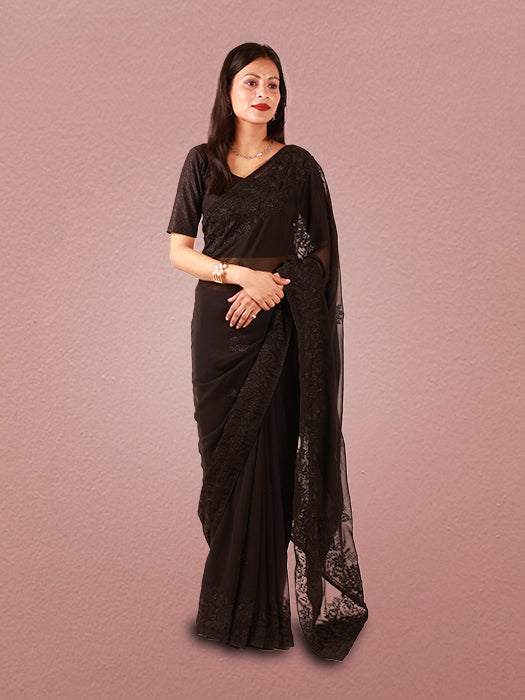Georgette Saree with Intricate All-Over Thread Embroidery & Blouse Piece