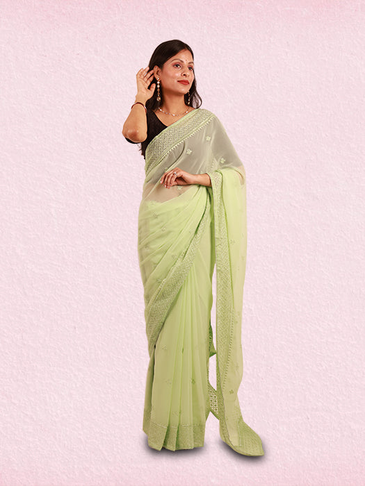 Georgette Saree with Intricate All-Over Thread Embroidery & Blouse Piece