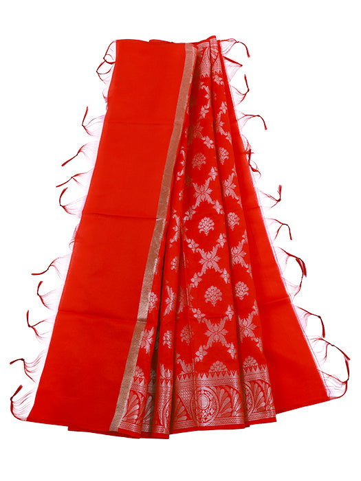 Traditional Woven Art Silk Red Dupatta with Metallic Zari Jaal Work