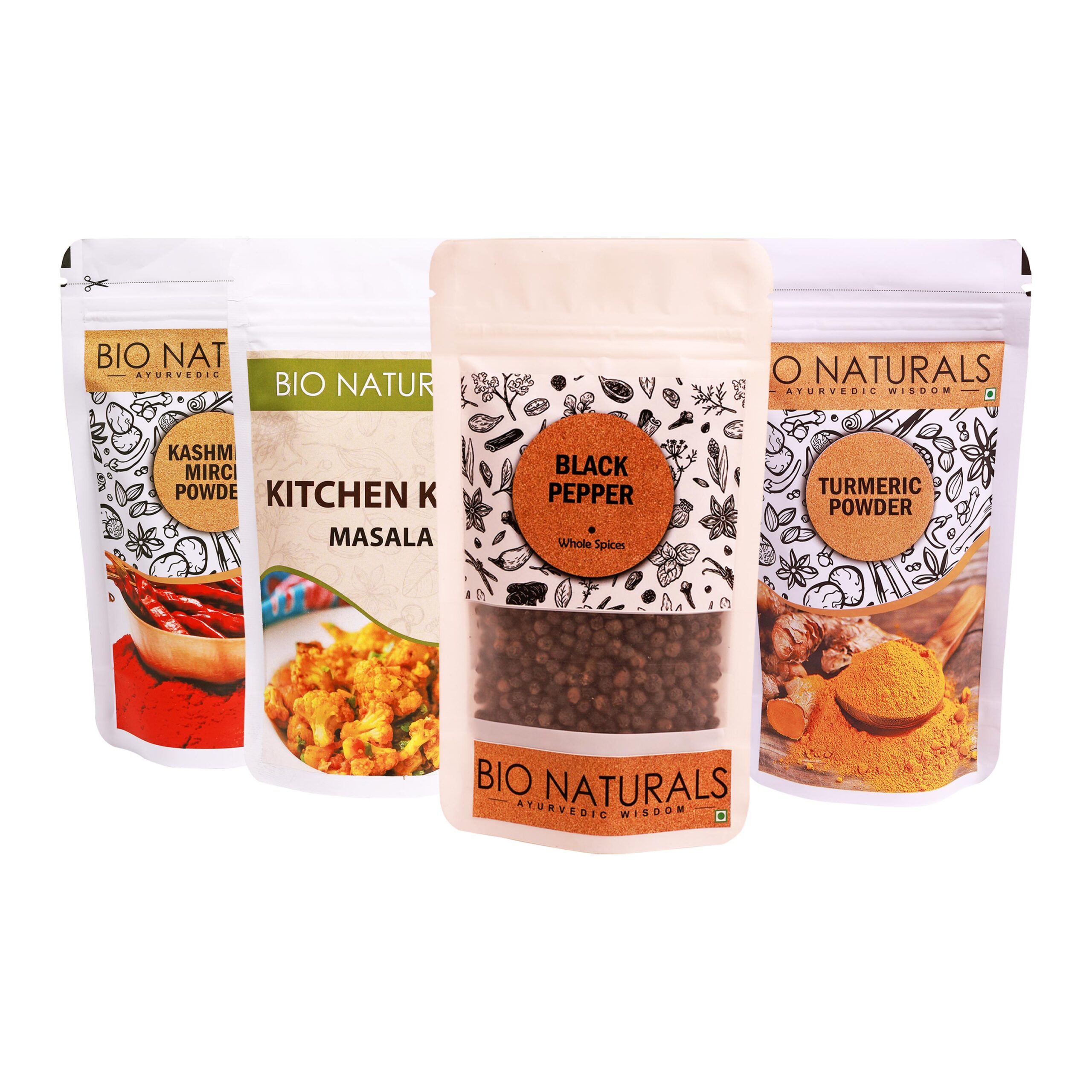 Indian Bold Spices Combo - Black Pepper, Turmeric Powder, Kitchen King Powder, and Kashmiri Lal Mirch (100g each)