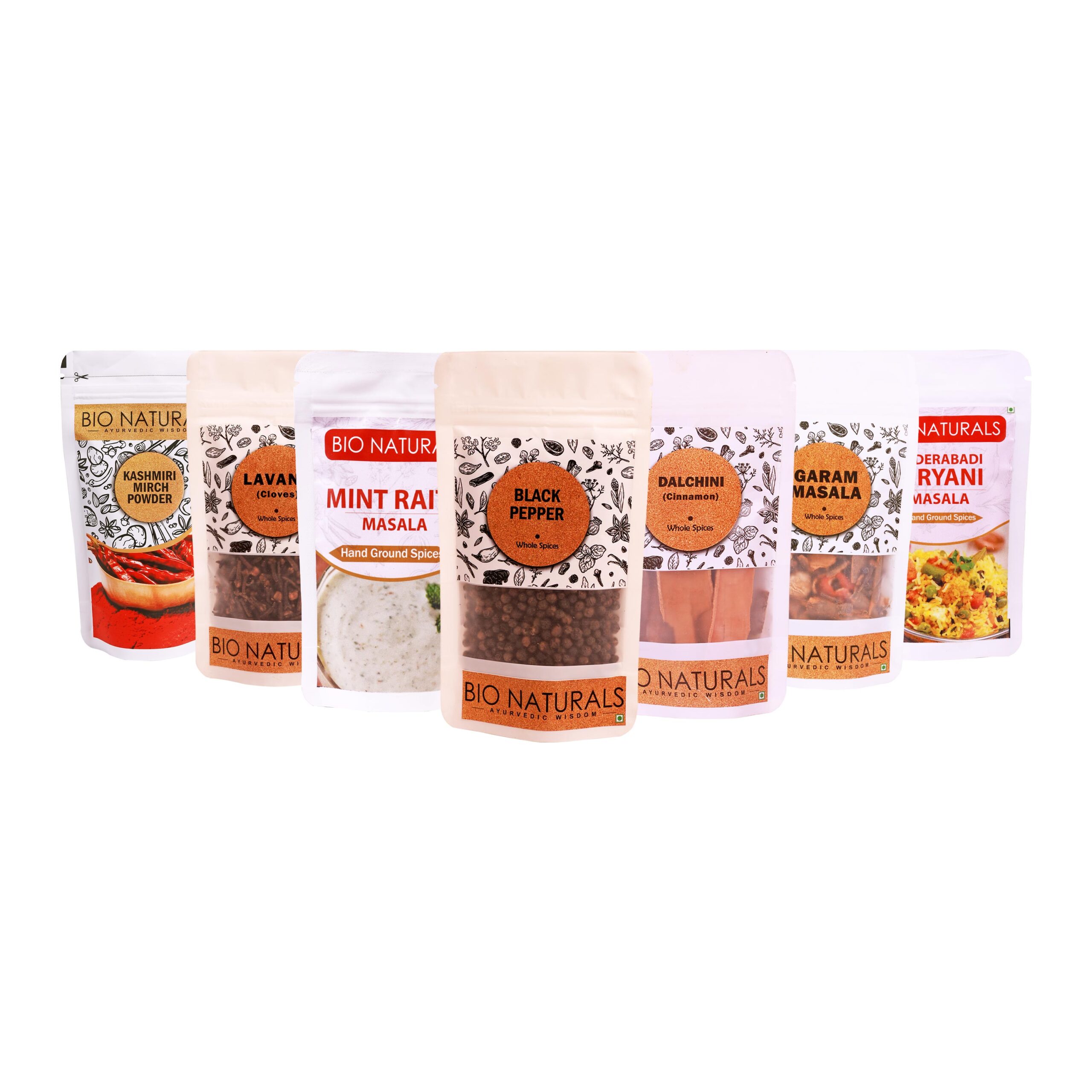 Flavor Fusion Spice Combo - Biryani Masala 50gm, Dalchini 50gm, Garam Masala 100gm, Lavang 50gm, Black Pepper 50g, Mint Raita Masala 50g, Kashmiri Mirch Powder 50g