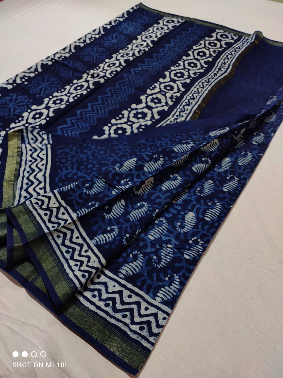 Indigo Chanderi Handblock Cotton Silk