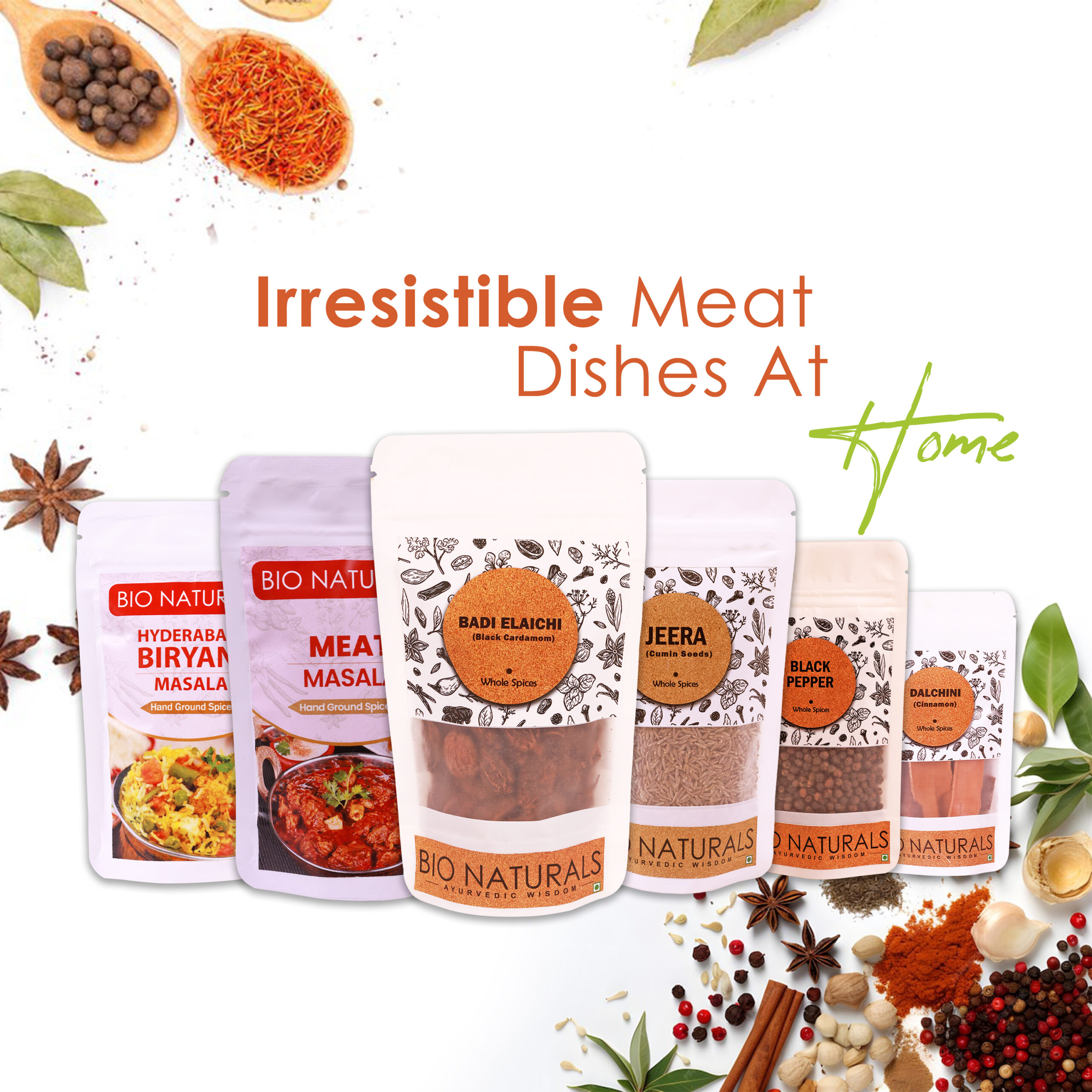 Meat Magic Combo - Meat Masala, Biryani Masala, Black Pepper, Jeera, Badi Elaichi, Dalchini and Lavang (56.43g each)