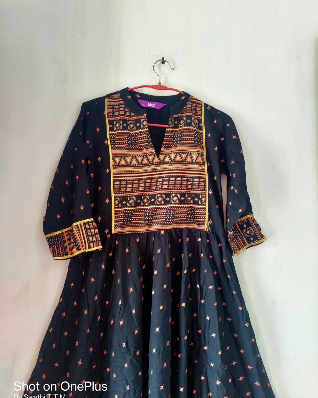 Dark Blue Geometric Pattern Anarkali Top
