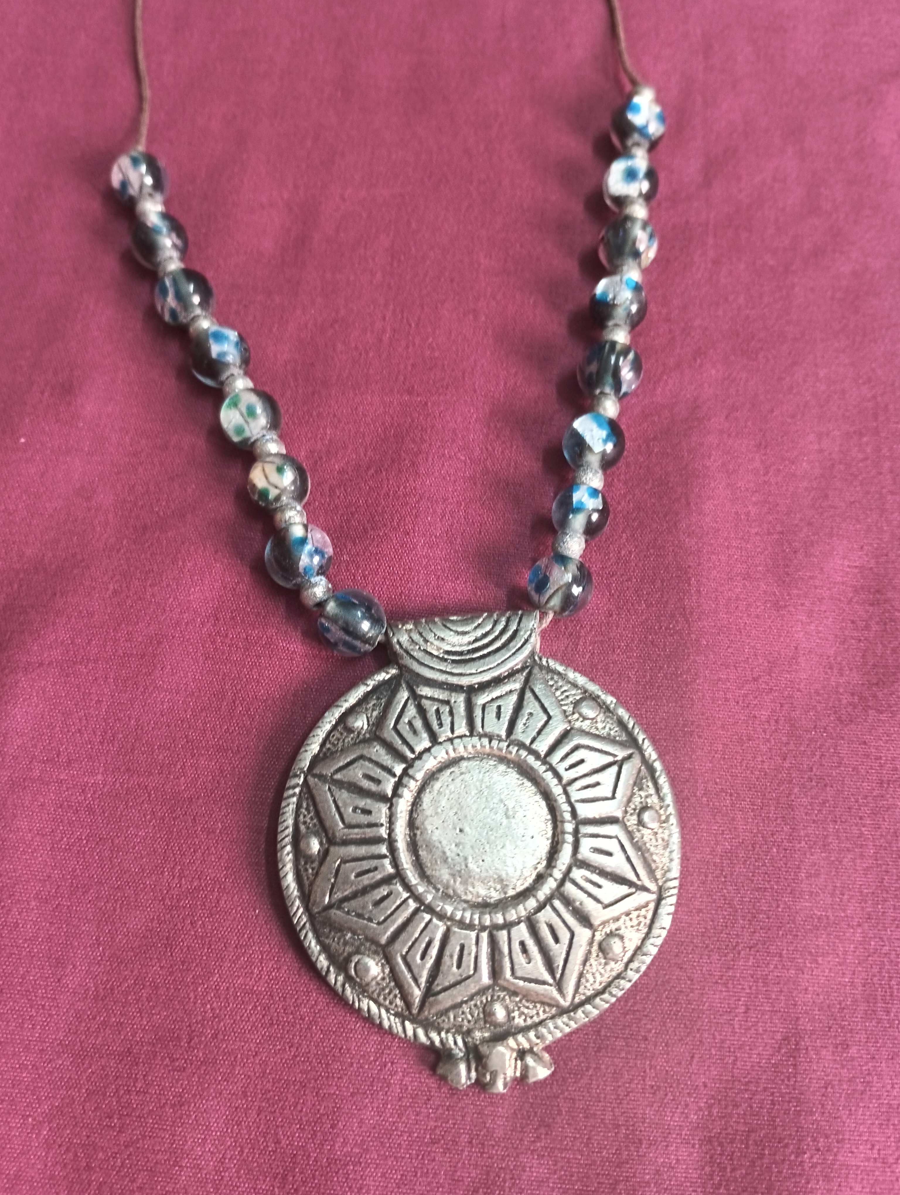 Online Blue Beaded Necklace With Round Oxidised Pendant