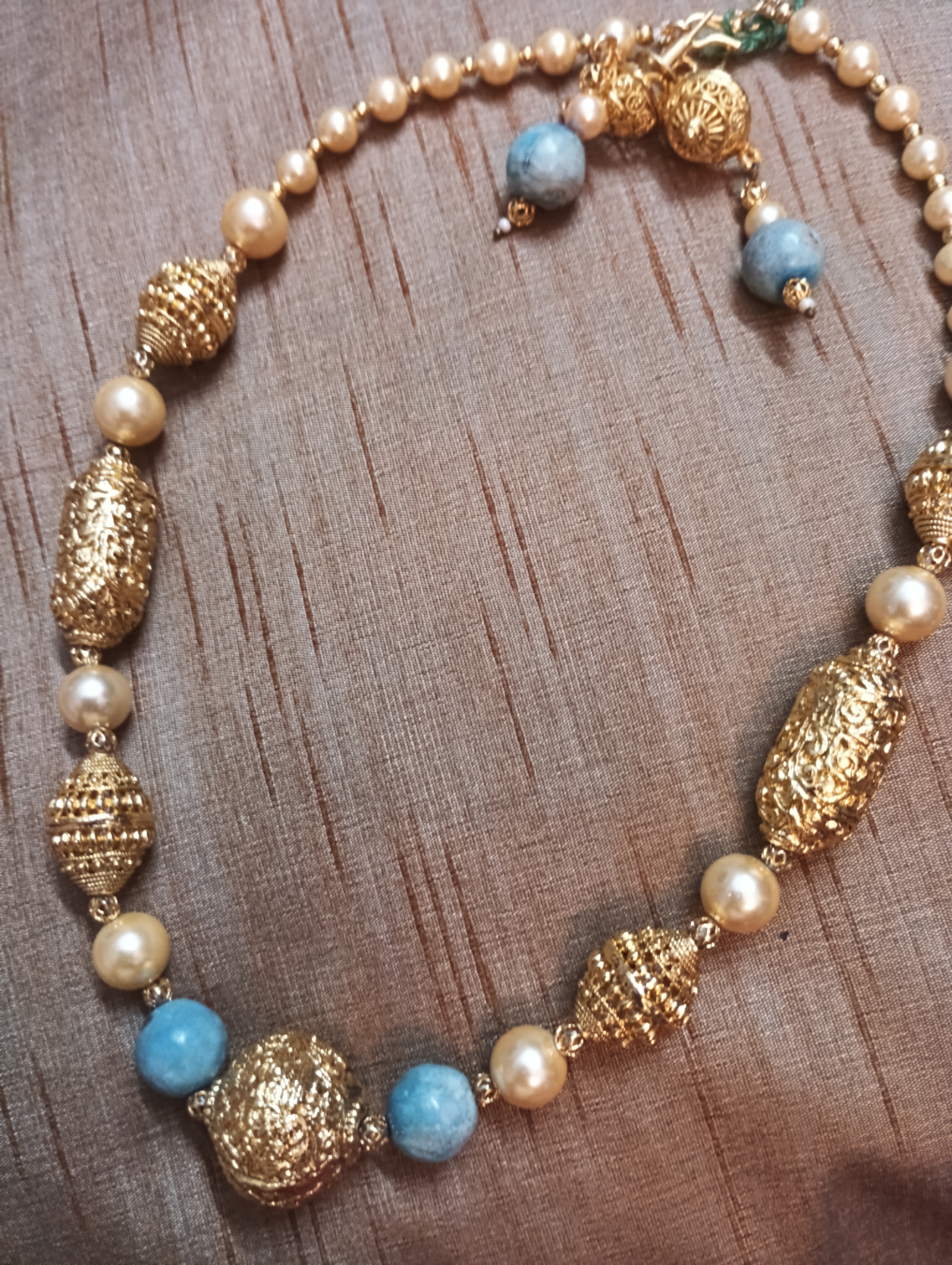 Beaded Necklace Set With Pearls, Gold and Blue Beads