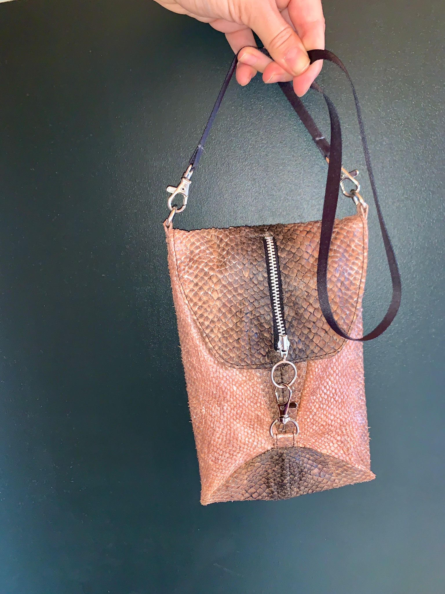 Arctic Elegance Genuine Leather & Salmon Skin Zipper Handbag