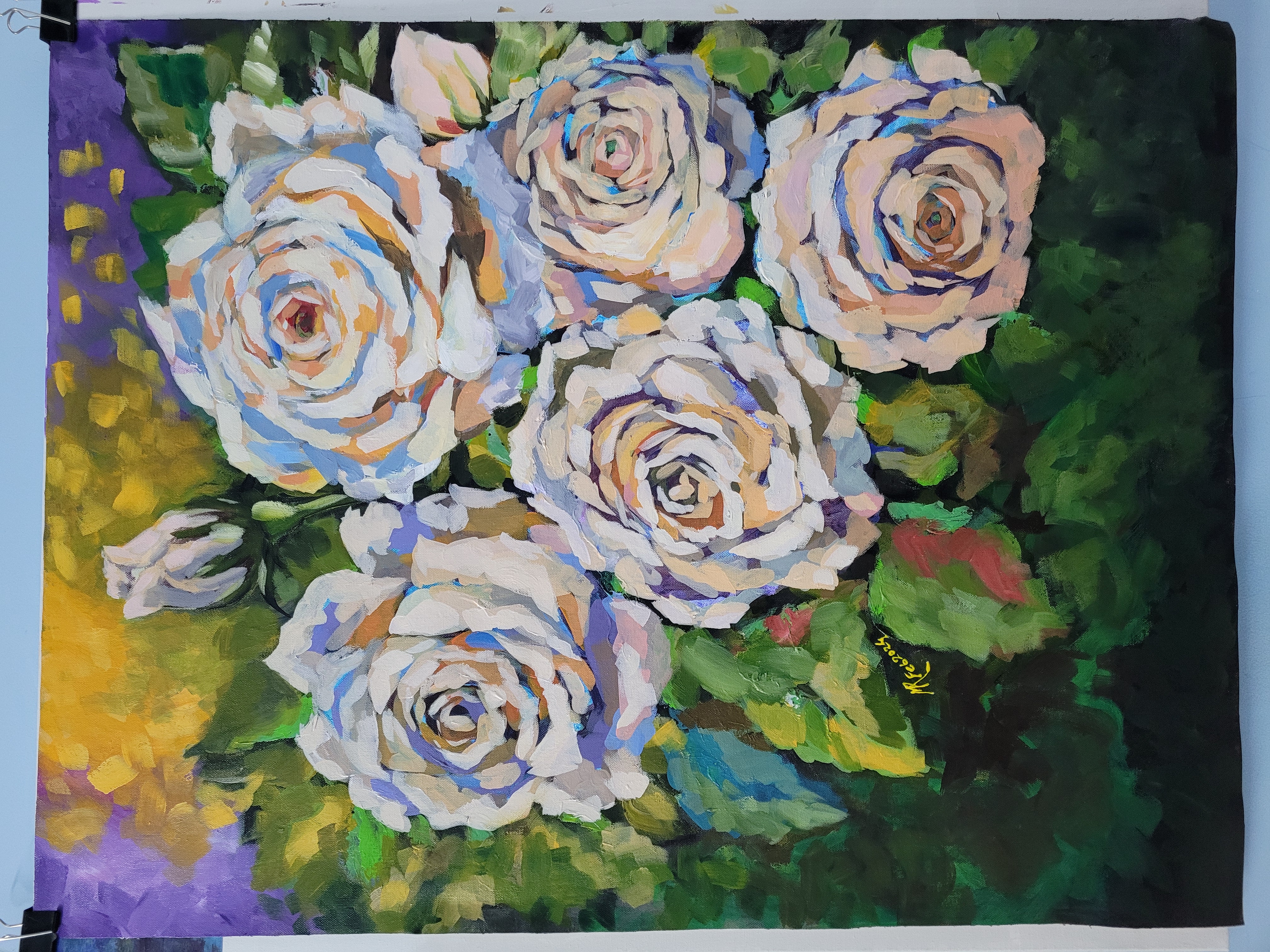 A vibrant acrylic painting titled Blossoms Of Ivory featuring five expressive white roses with blue and peach highlights on a purple and gold background.