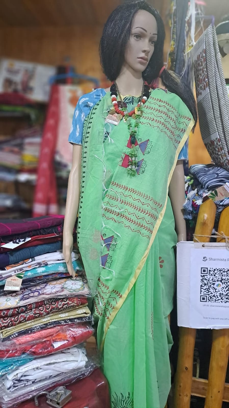 Aronee r Green Hand-Printed Applique Cotton Saree
