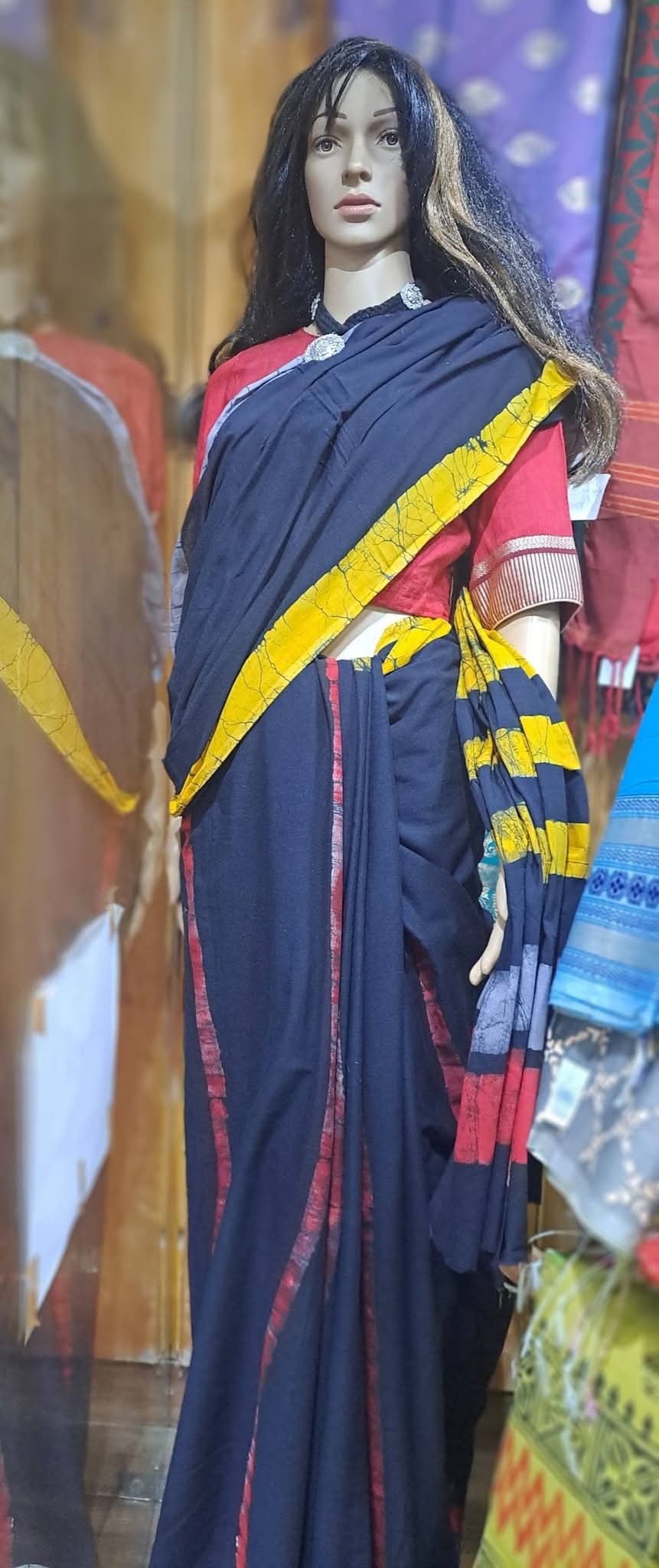 Aronee r Hand-Printed Blue Cotton Batik Saree