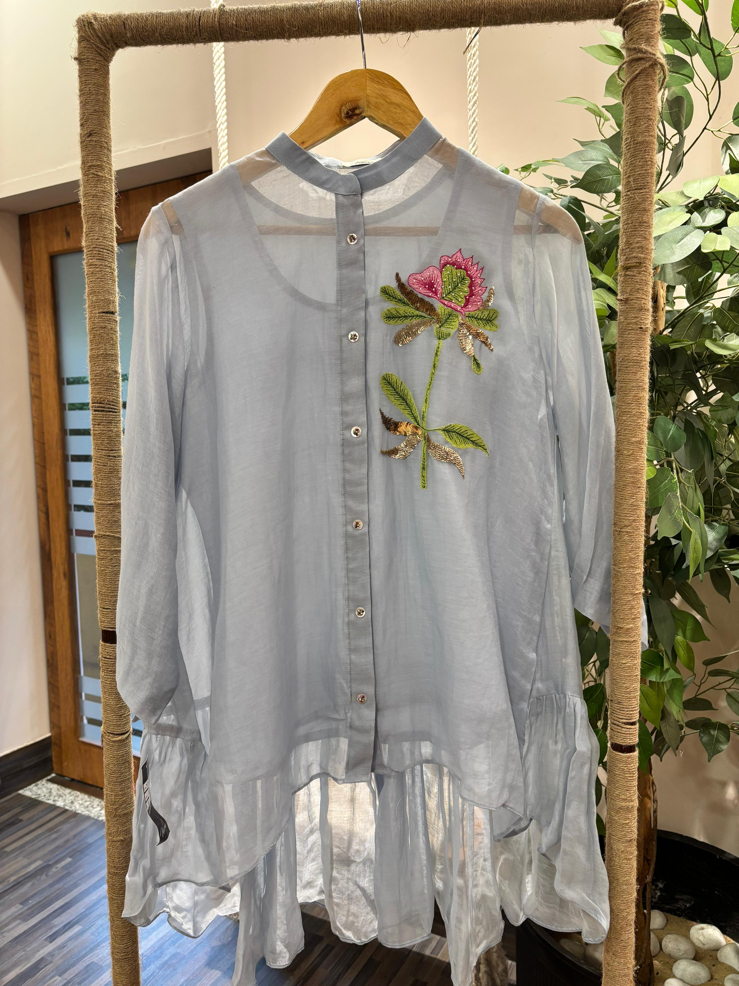 Vara The Couture White Mul-Chanderi Embroidered Shirt