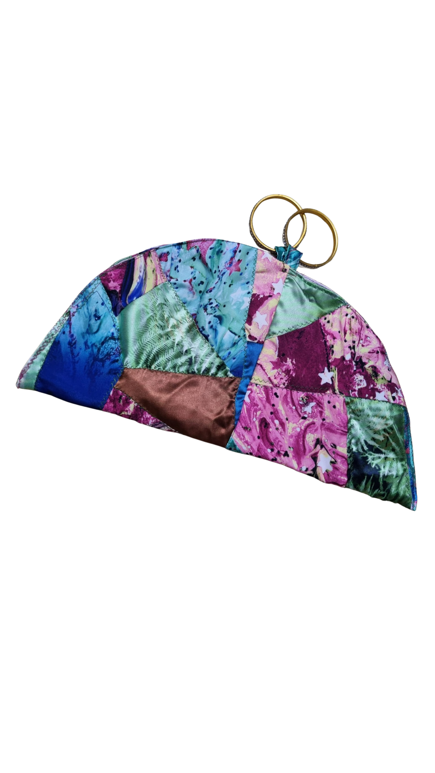 Multicolor Patchwork Satin Half-Moon Clutch with Ring Handles