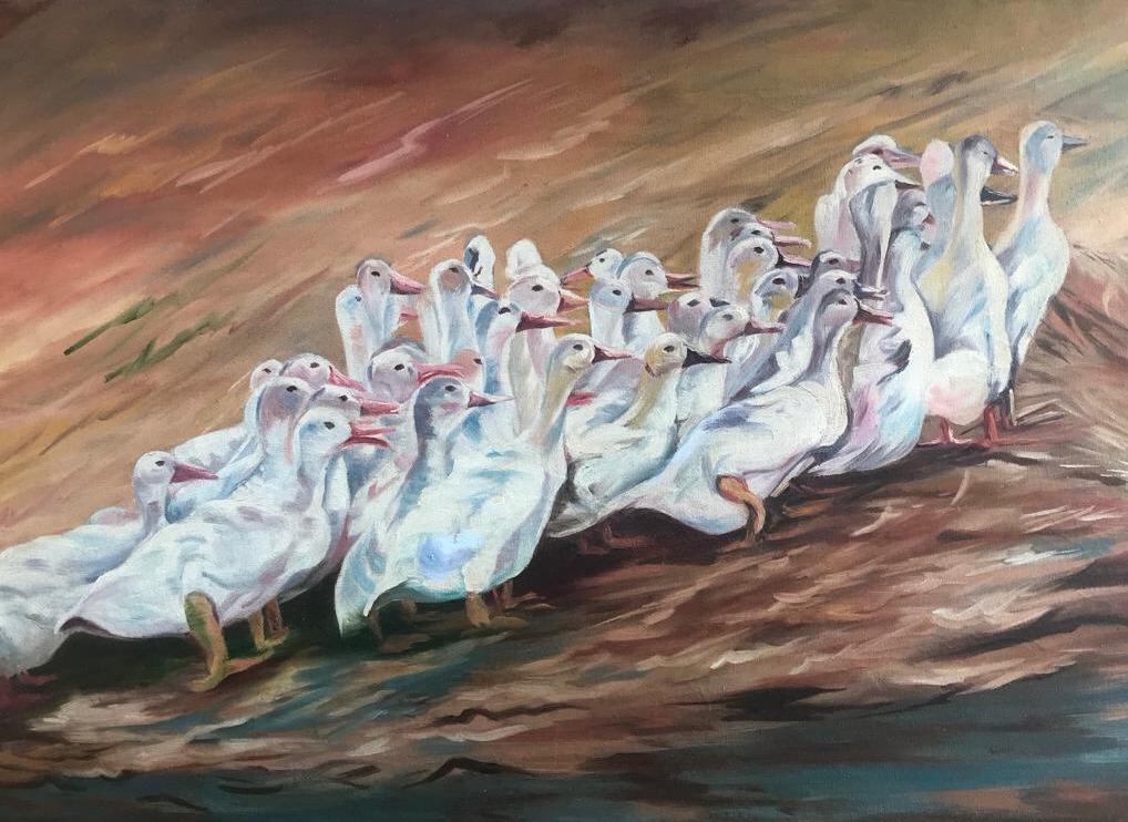 Renu Jain Handpainted Ducks Original Oil Painting on Canvas