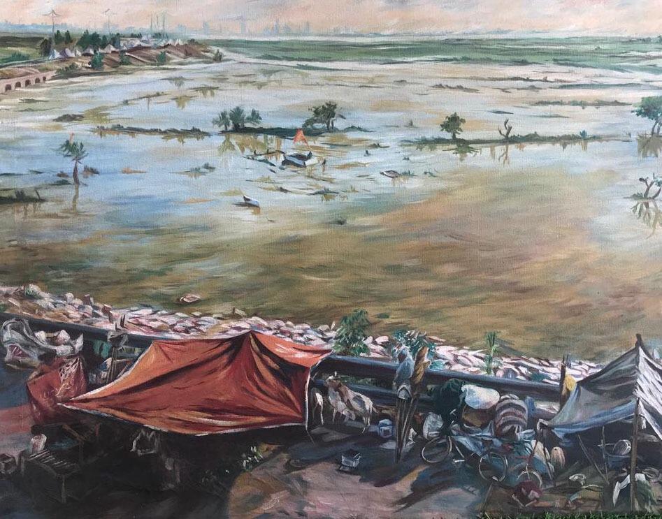 Renu Jain Handpainted "Flood" Original Oil Painting on Canvas