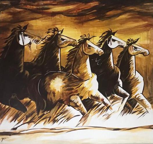 Renu Jain Handpainted Running Horses Acrylic Canvas Wall Painting