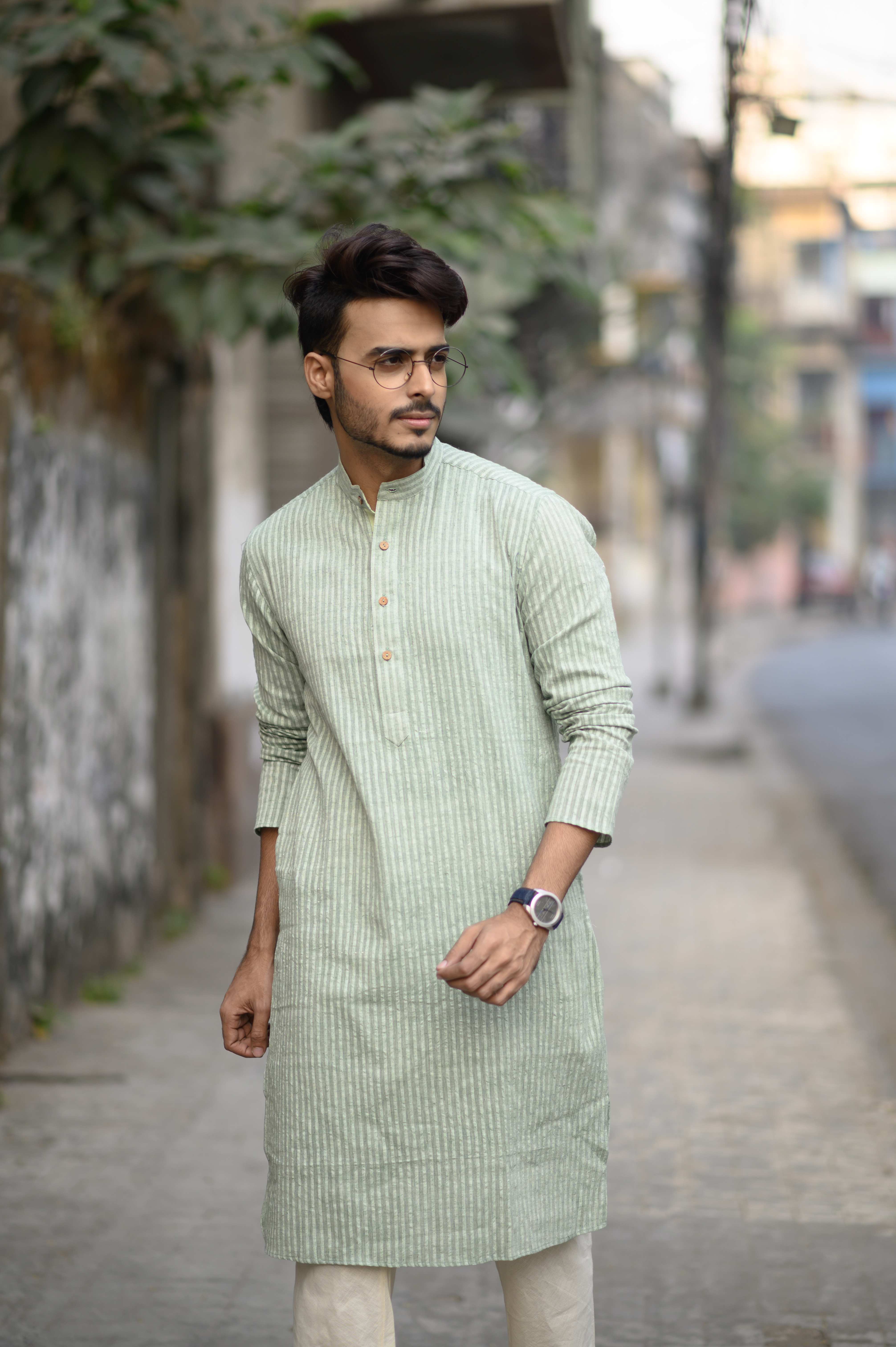 Green Stripes Cotton Men's Kurta