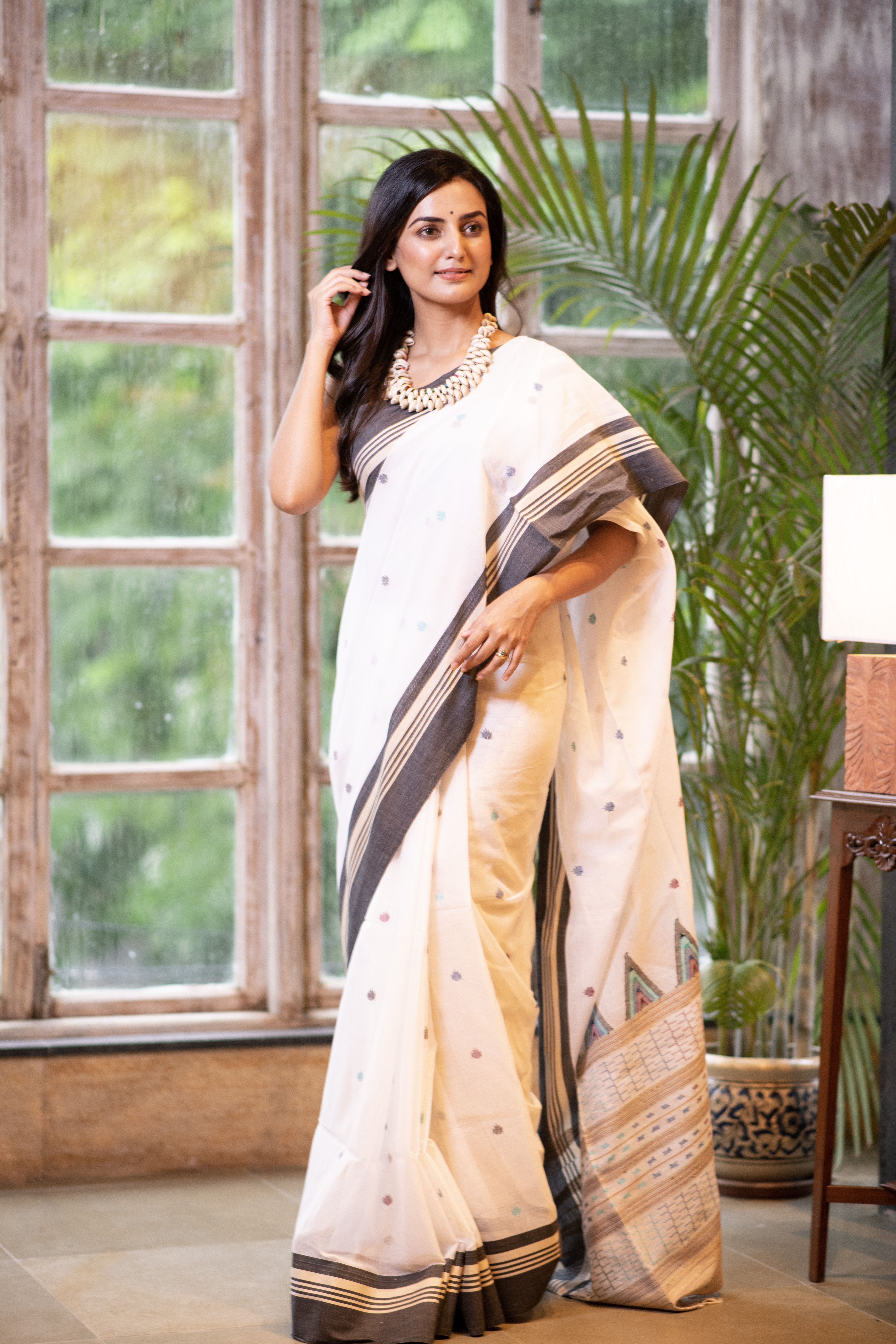 White with Grey Border Bengal Handloom Cotton Sarees