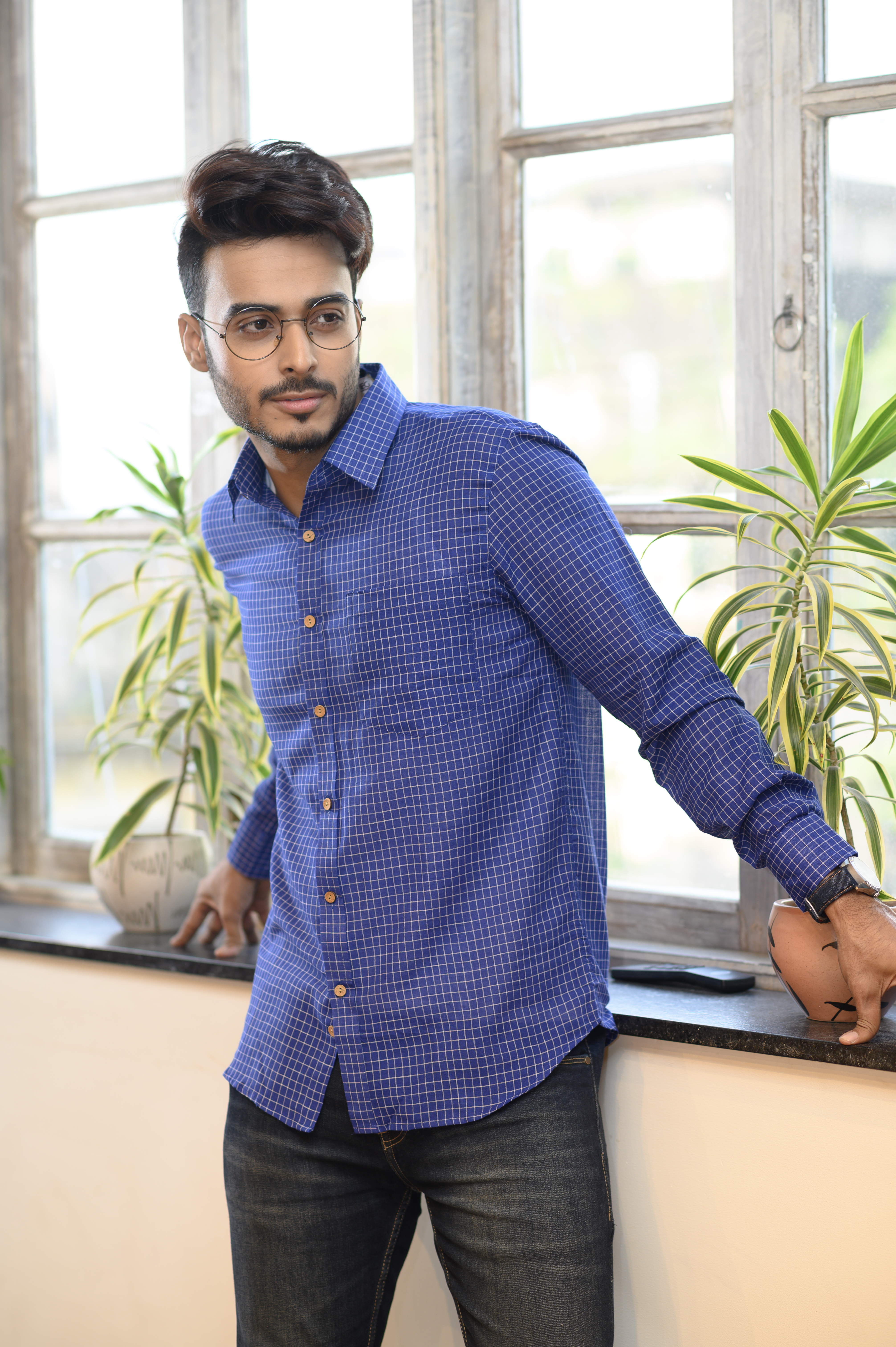 Blue Cotton Slim Fit Shirt