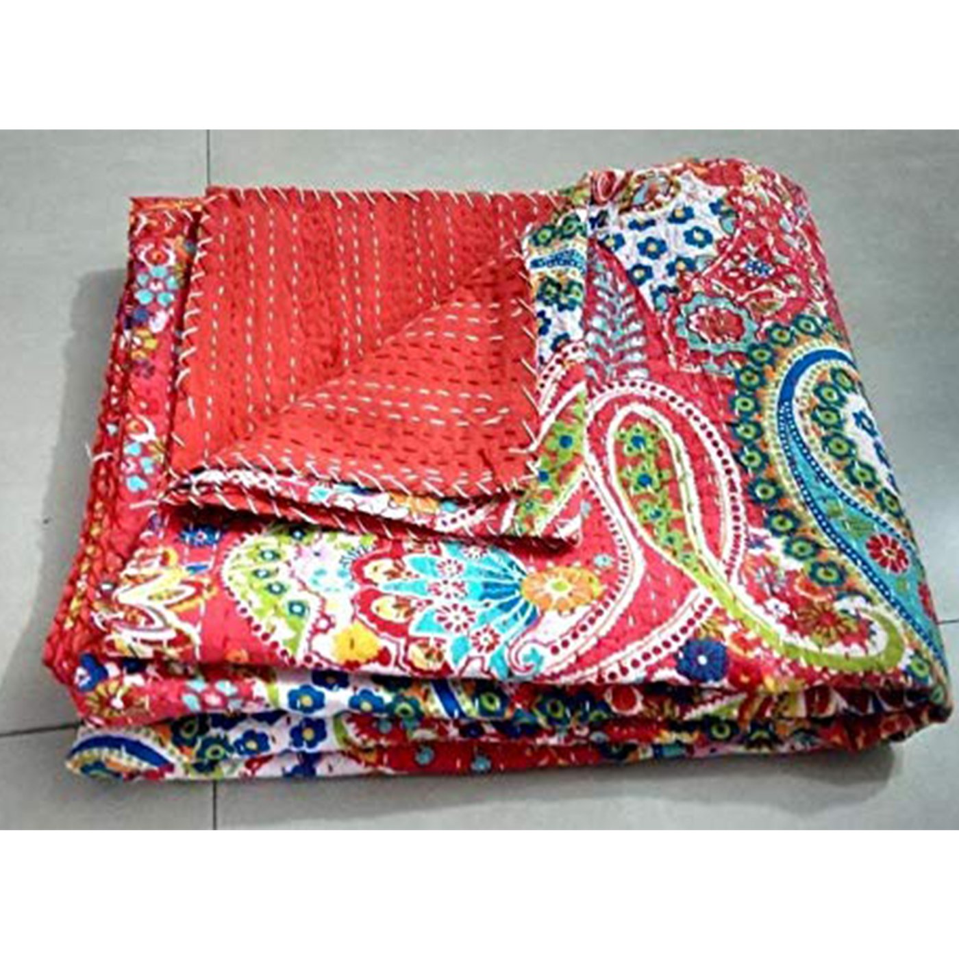 Handmade Bedcover Bedspread Kantha Quilt Indian Bedding Blue Grey Handmade Throw Tapestry Handmade Pure Cotton Quilted Bedding 90 x 108 Queen