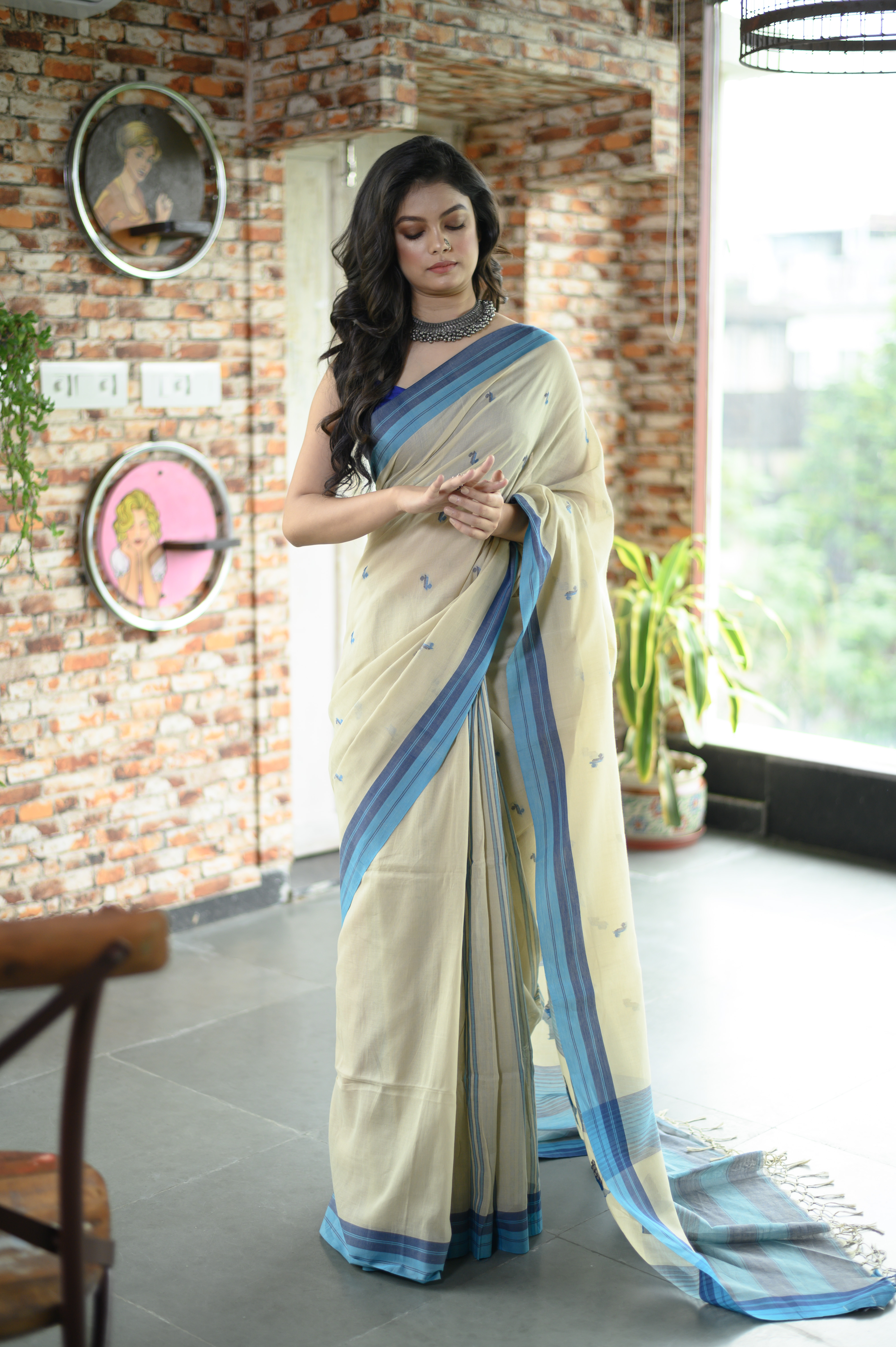 Beige & Blue Bengal Handloom Cotton Saree