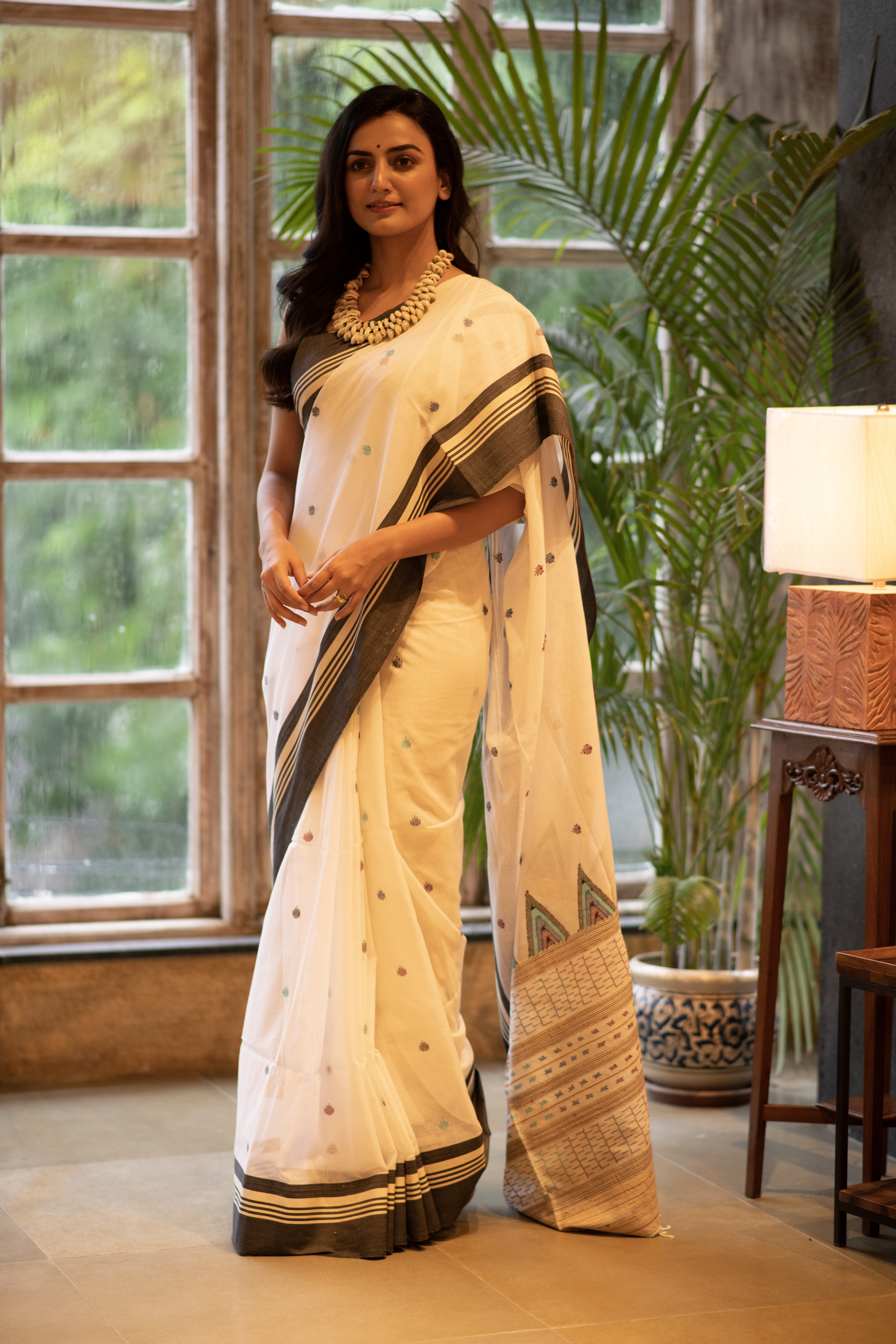 White with Grey Border Bengal Handloom Cotton Sarees