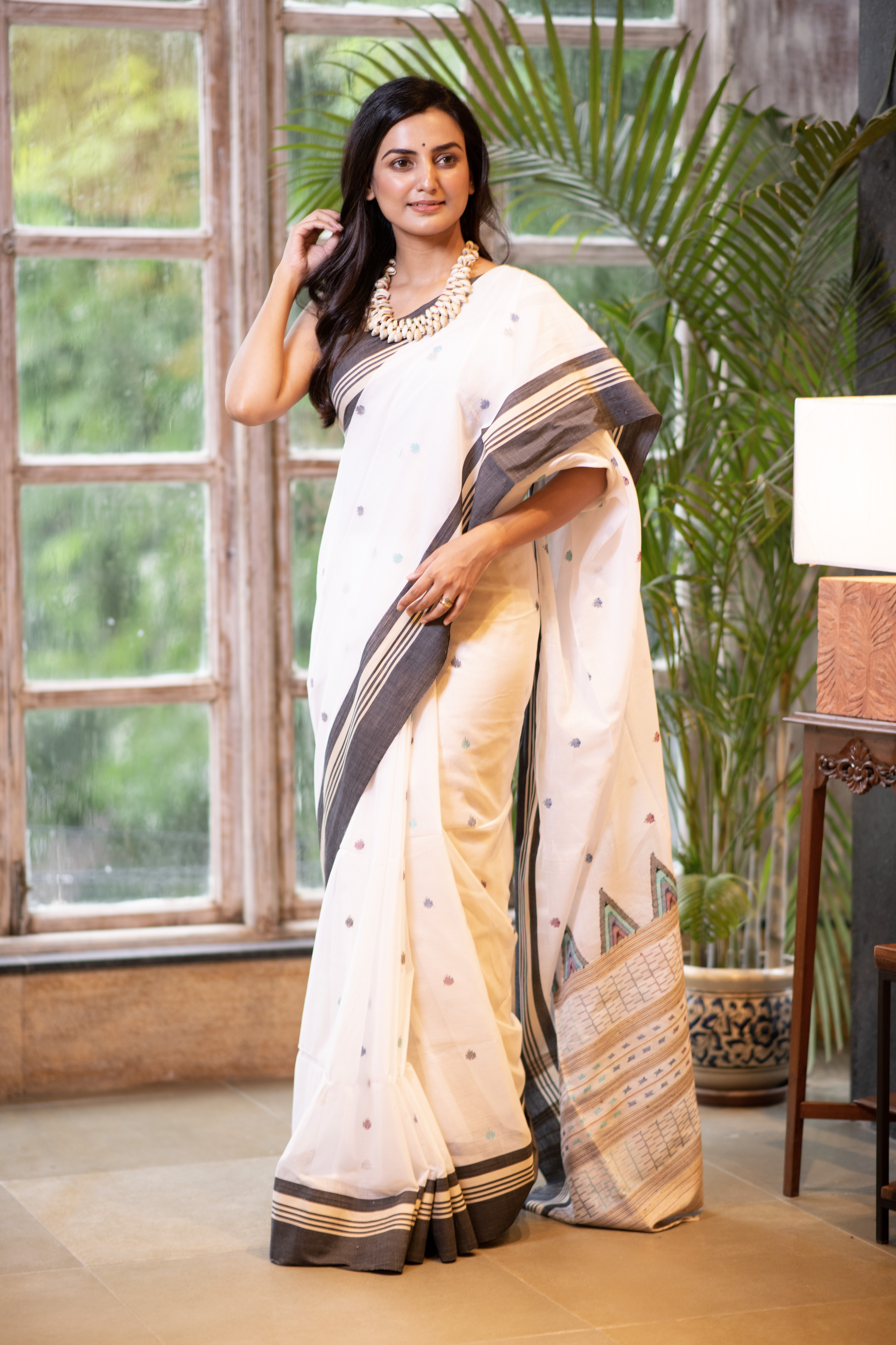 White with Grey Border Bengal Handloom Cotton Sarees
