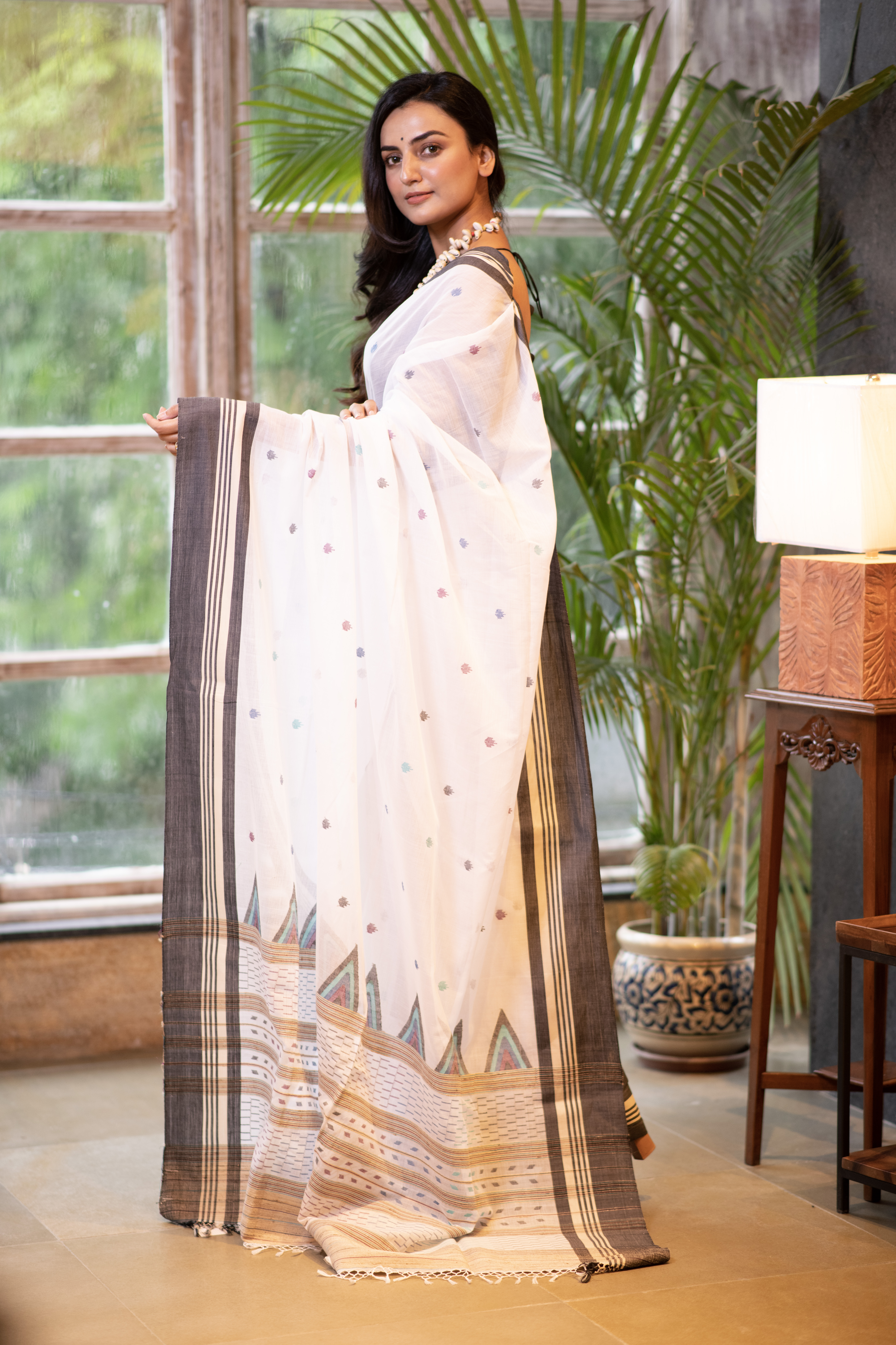 White with Grey Border Bengal Handloom Cotton Sarees