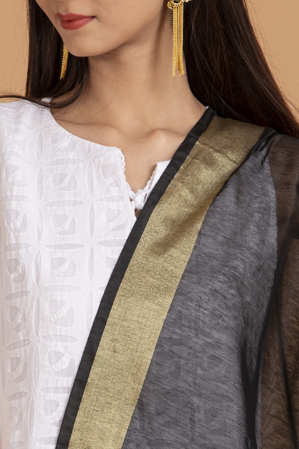 Ball Applique Chanderi Duppatta/Stole, Black