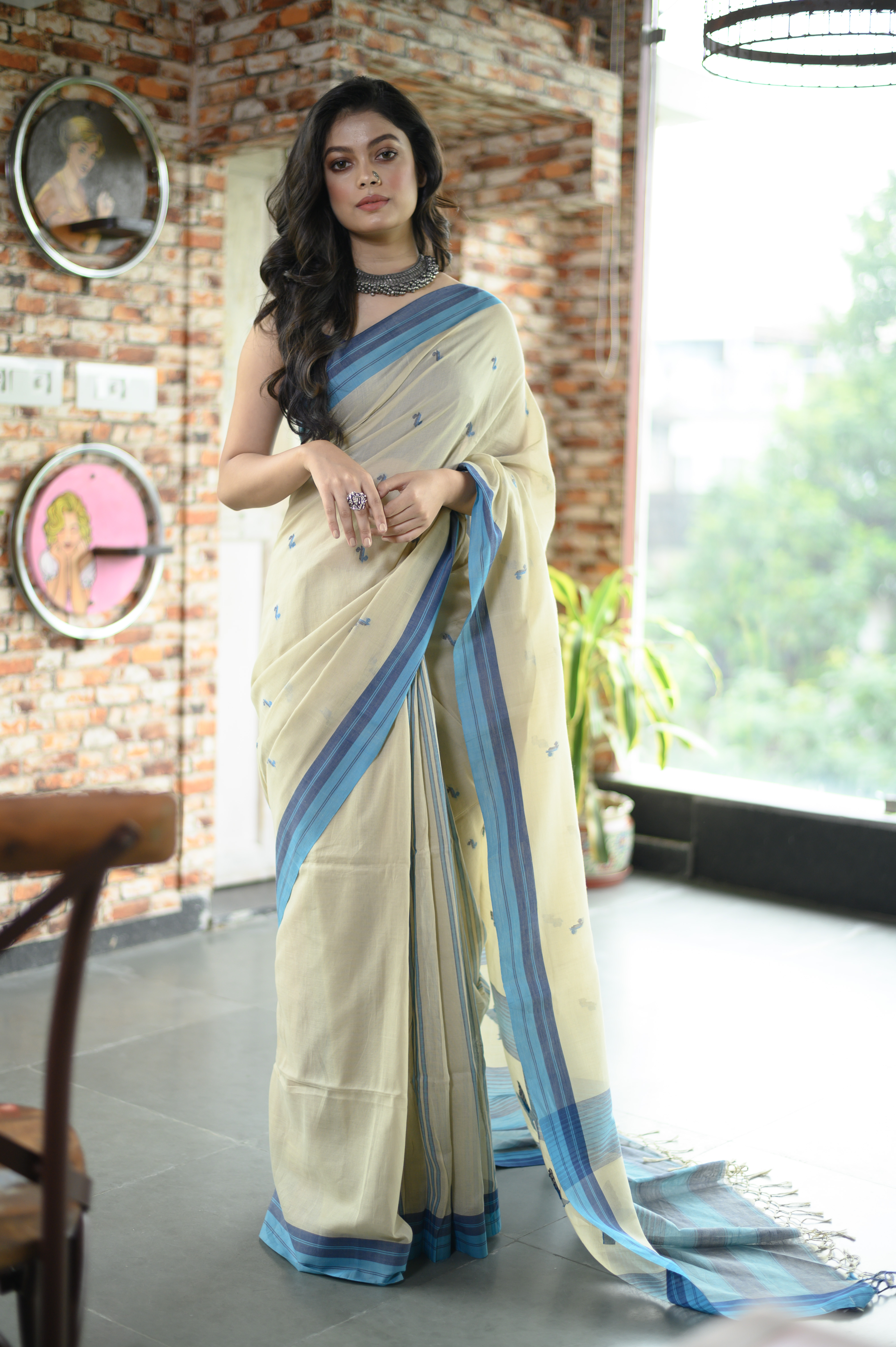 Beige & Blue Bengal Handloom Cotton Saree