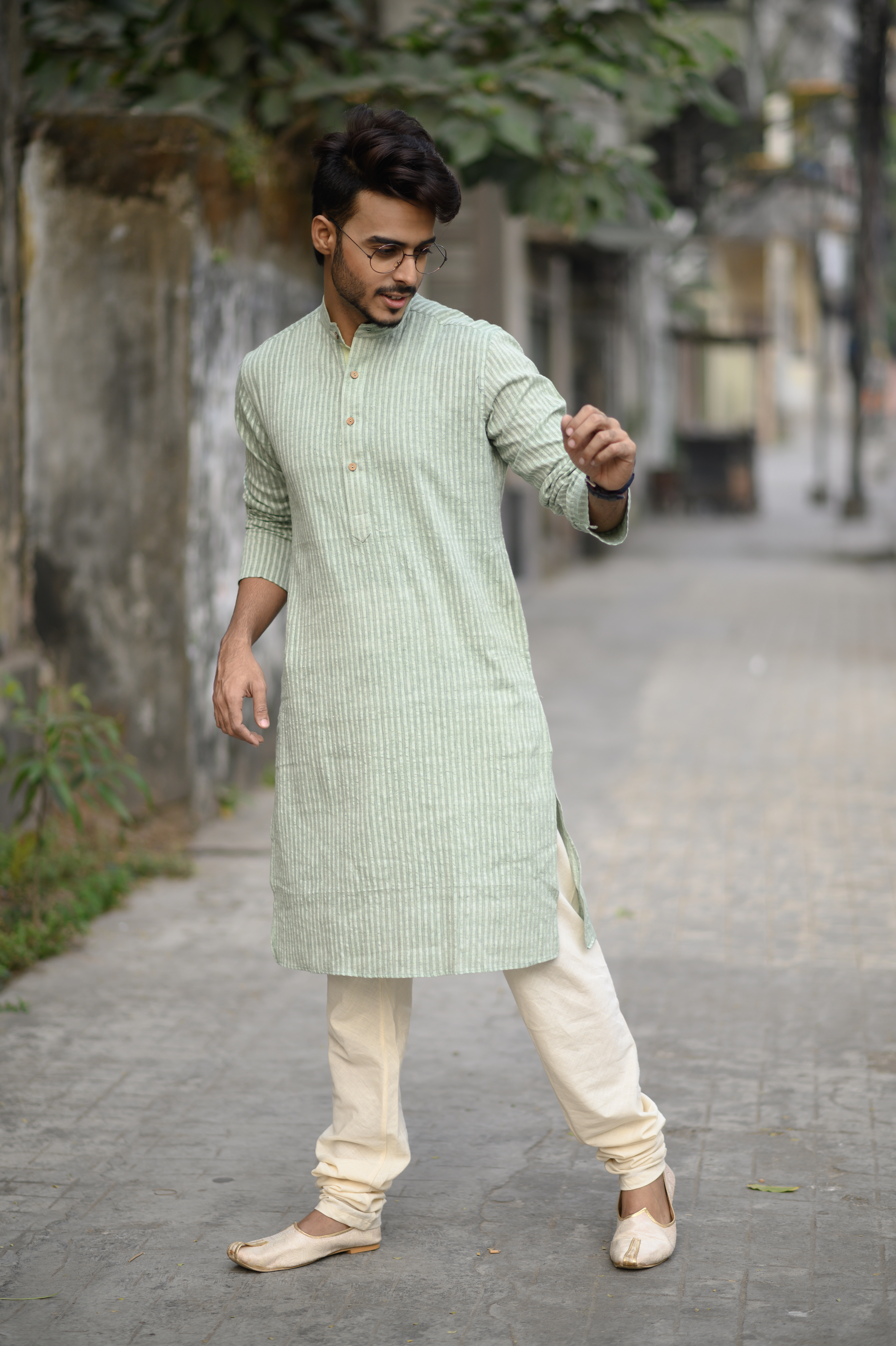 Green Stripes Cotton Men's Kurta
