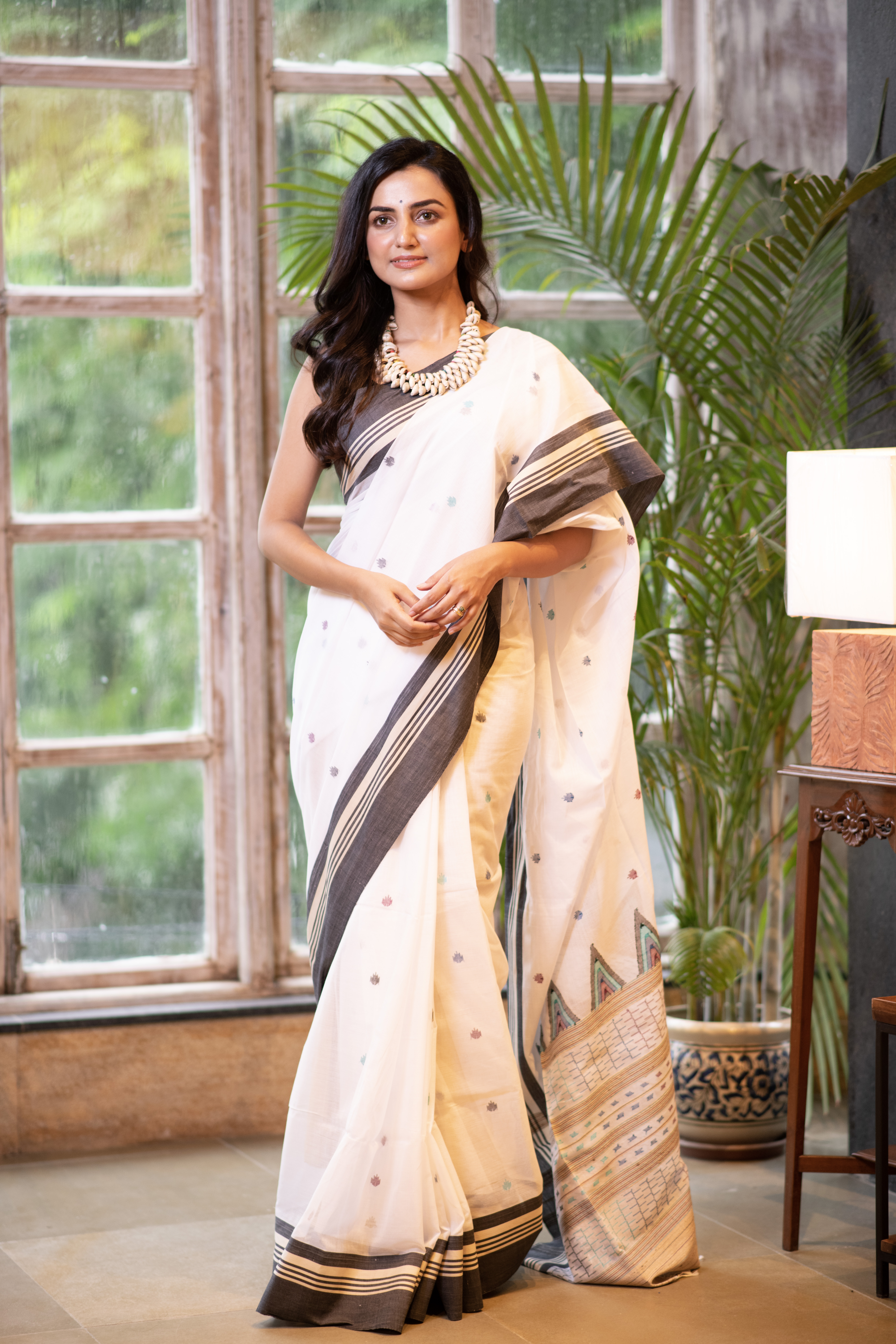 White with Grey Border Bengal Handloom Cotton Sarees