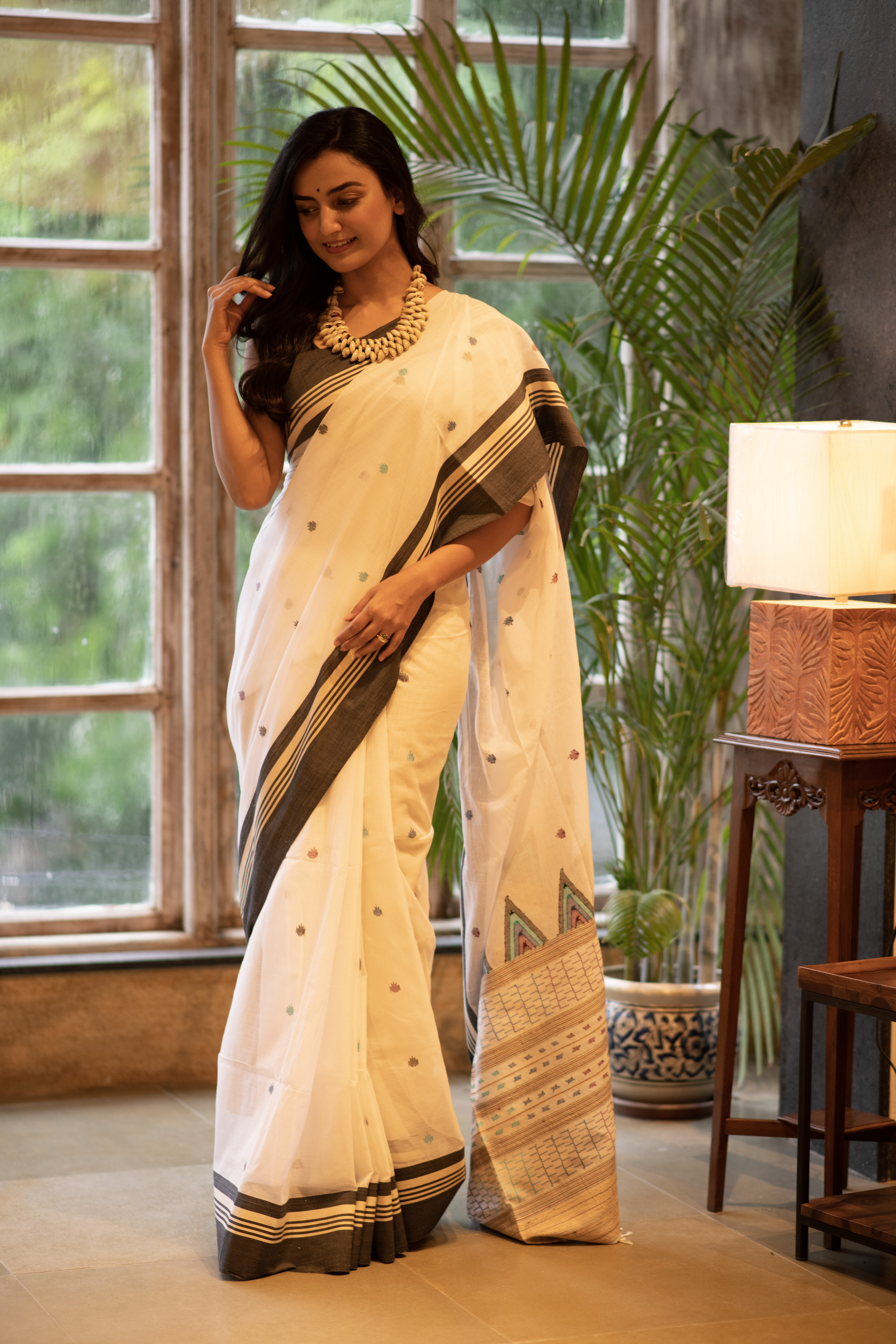 White with Grey Border Bengal Handloom Cotton Sarees