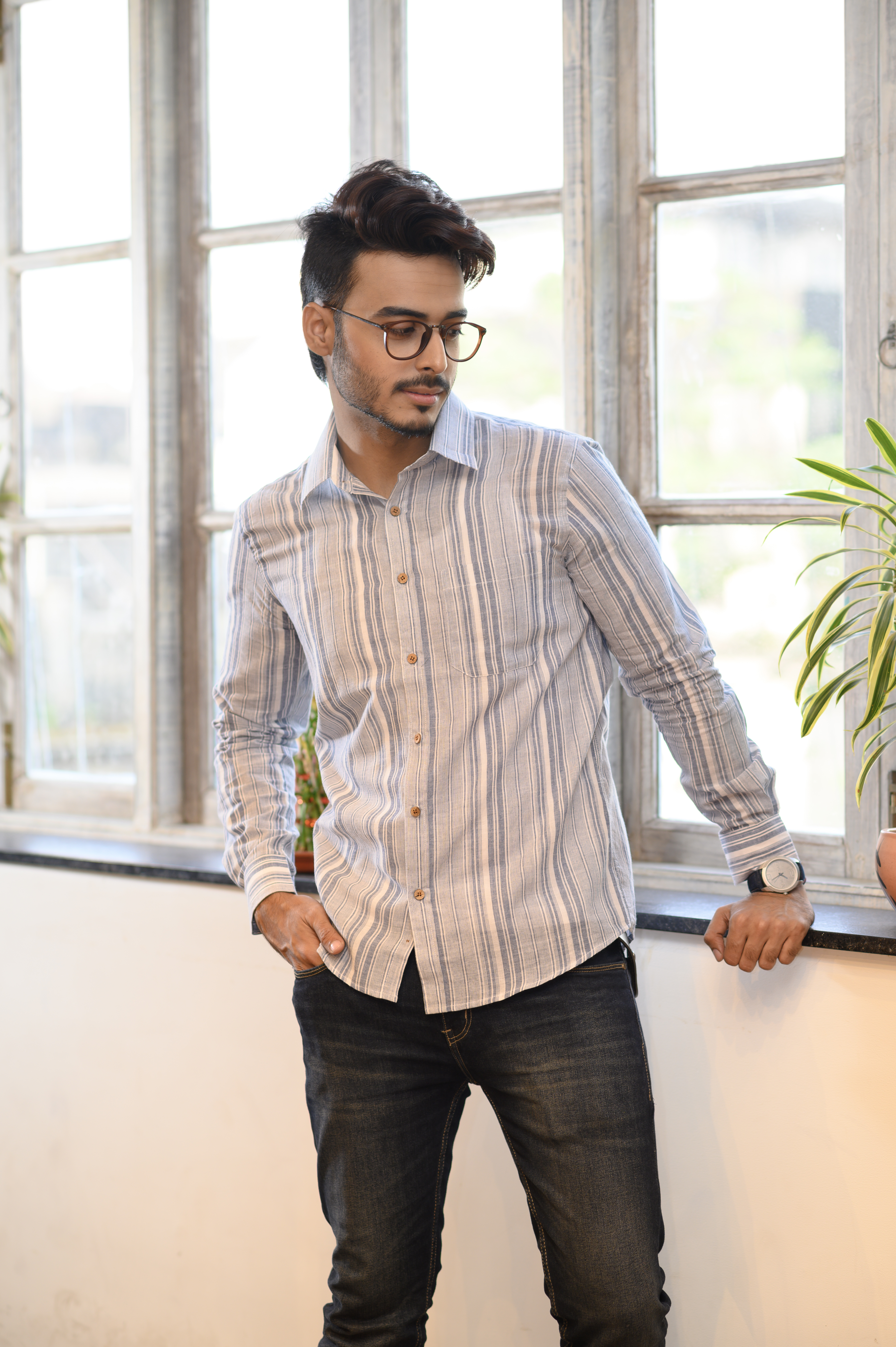 White & Grey Stripe Cotton Slim Shirt