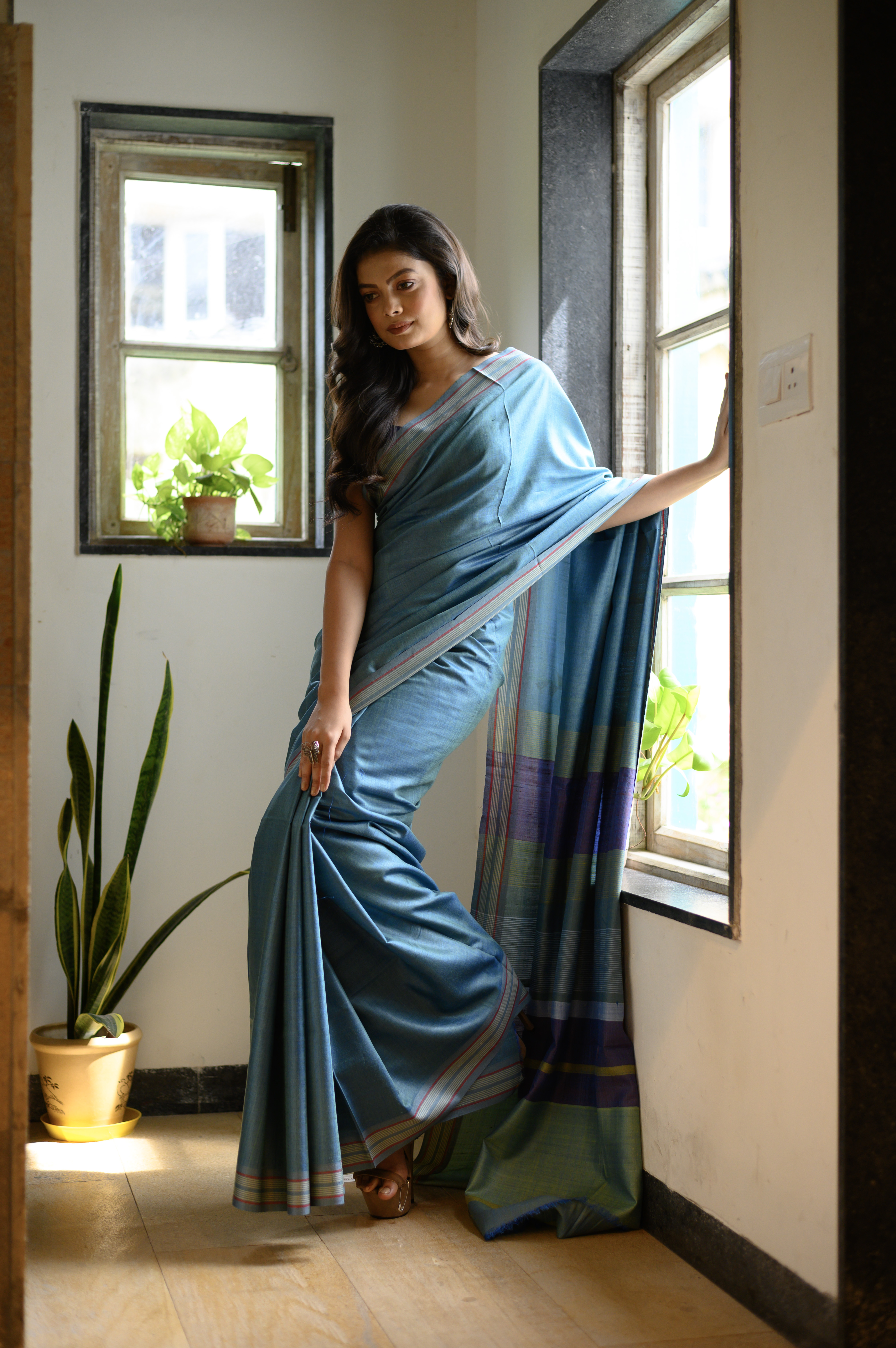 Blue Tussar Saree with Eri Silk Border