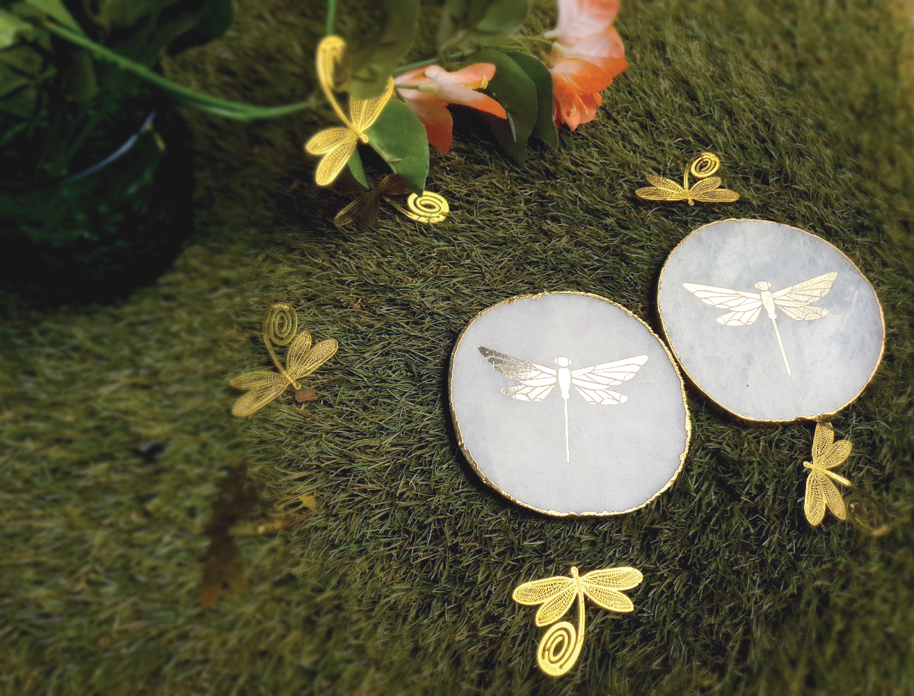 Happy Soul Agate Stone Dragonfly Coaster Set of 2