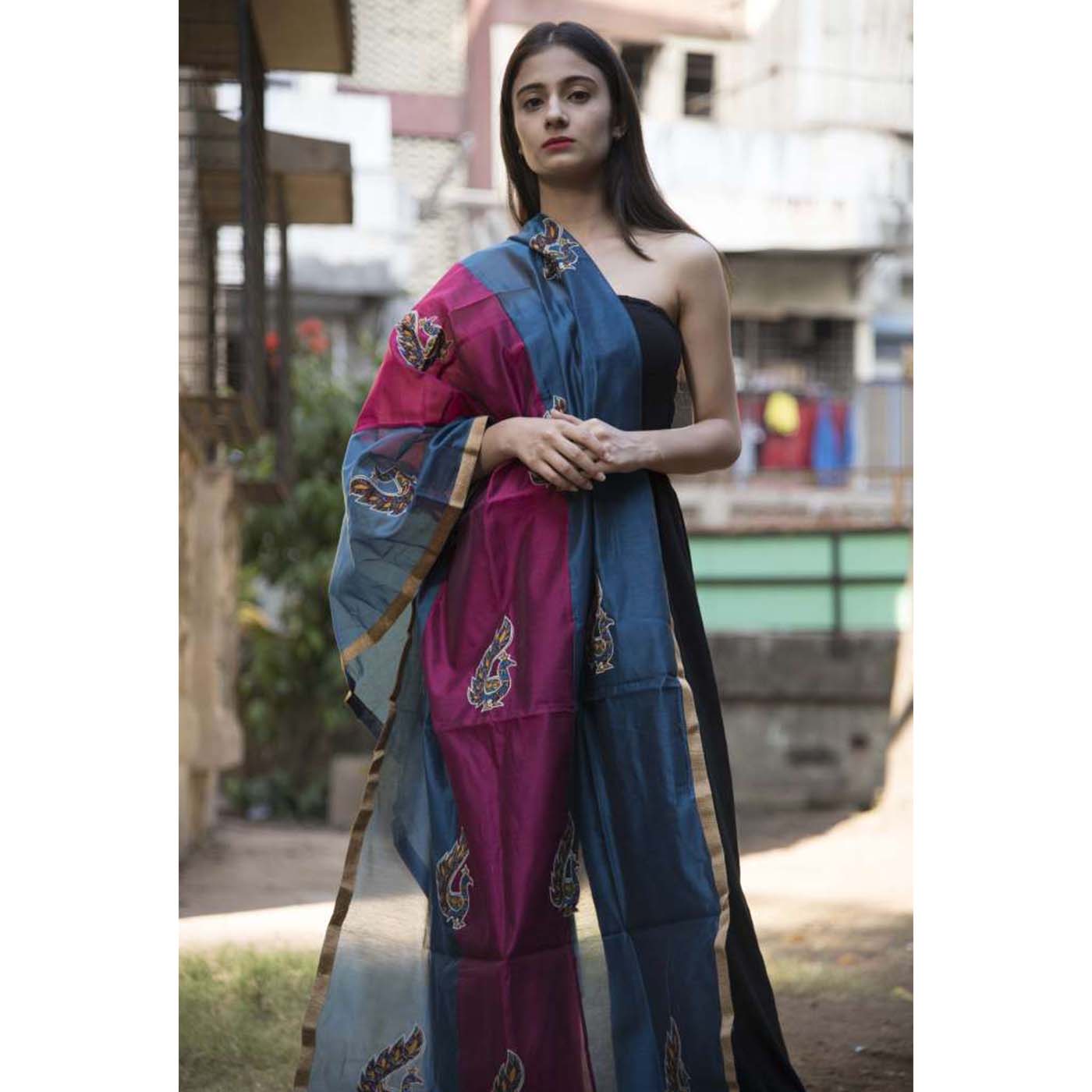 Blue and pink chanderi dupatta