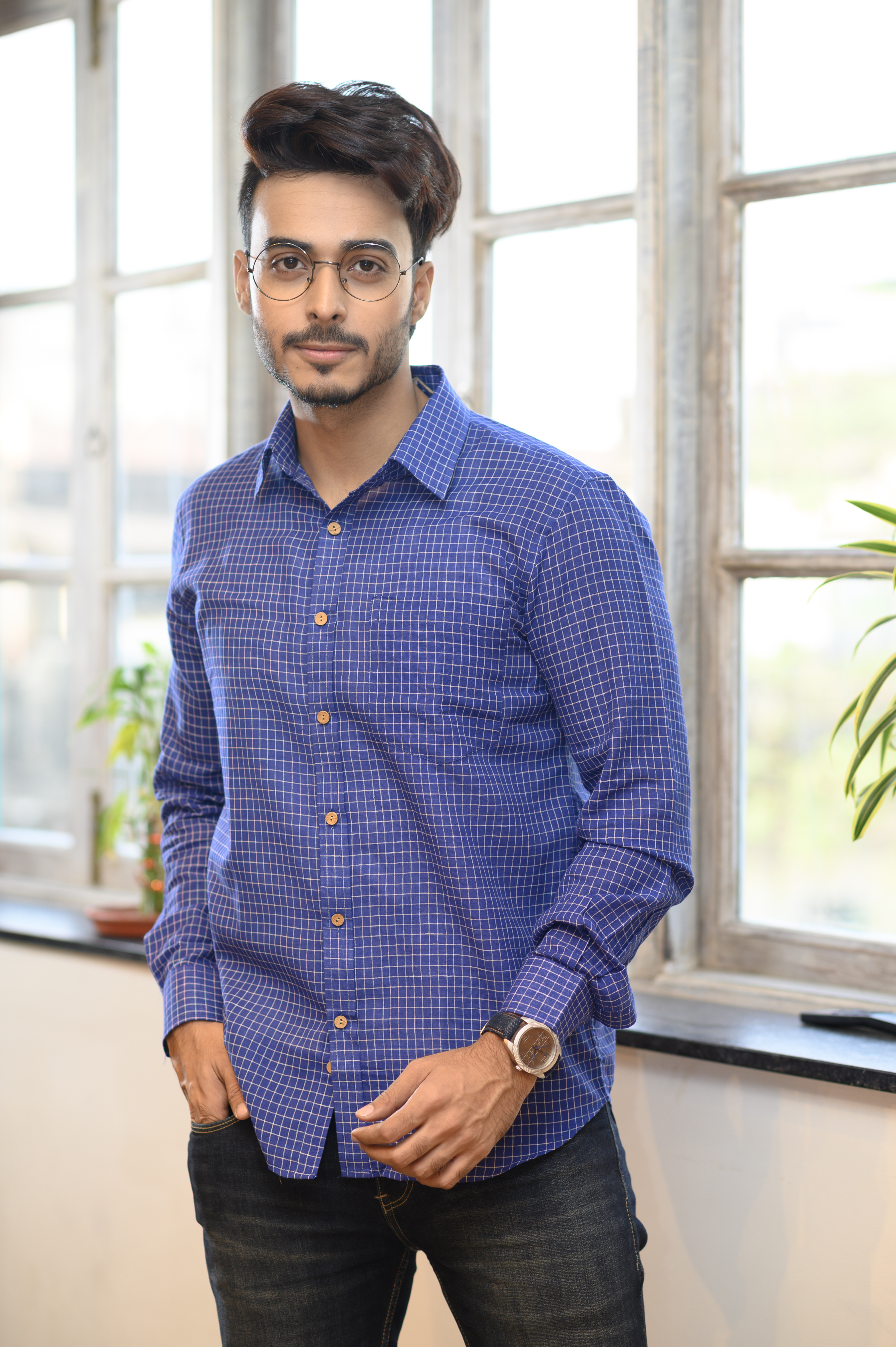 Blue Cotton Slim Fit Shirt