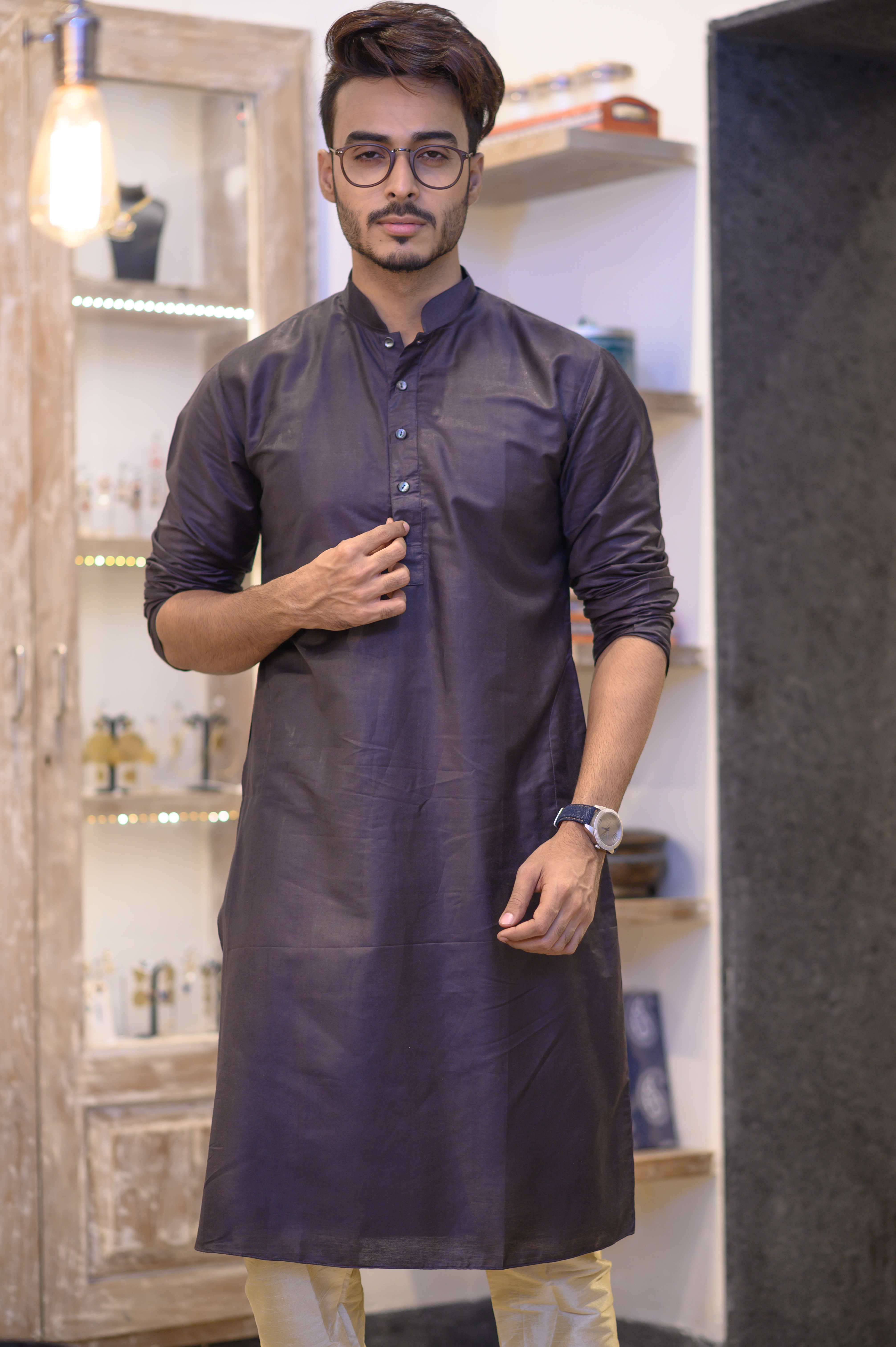 Black Cotton Silk Long Kurta
