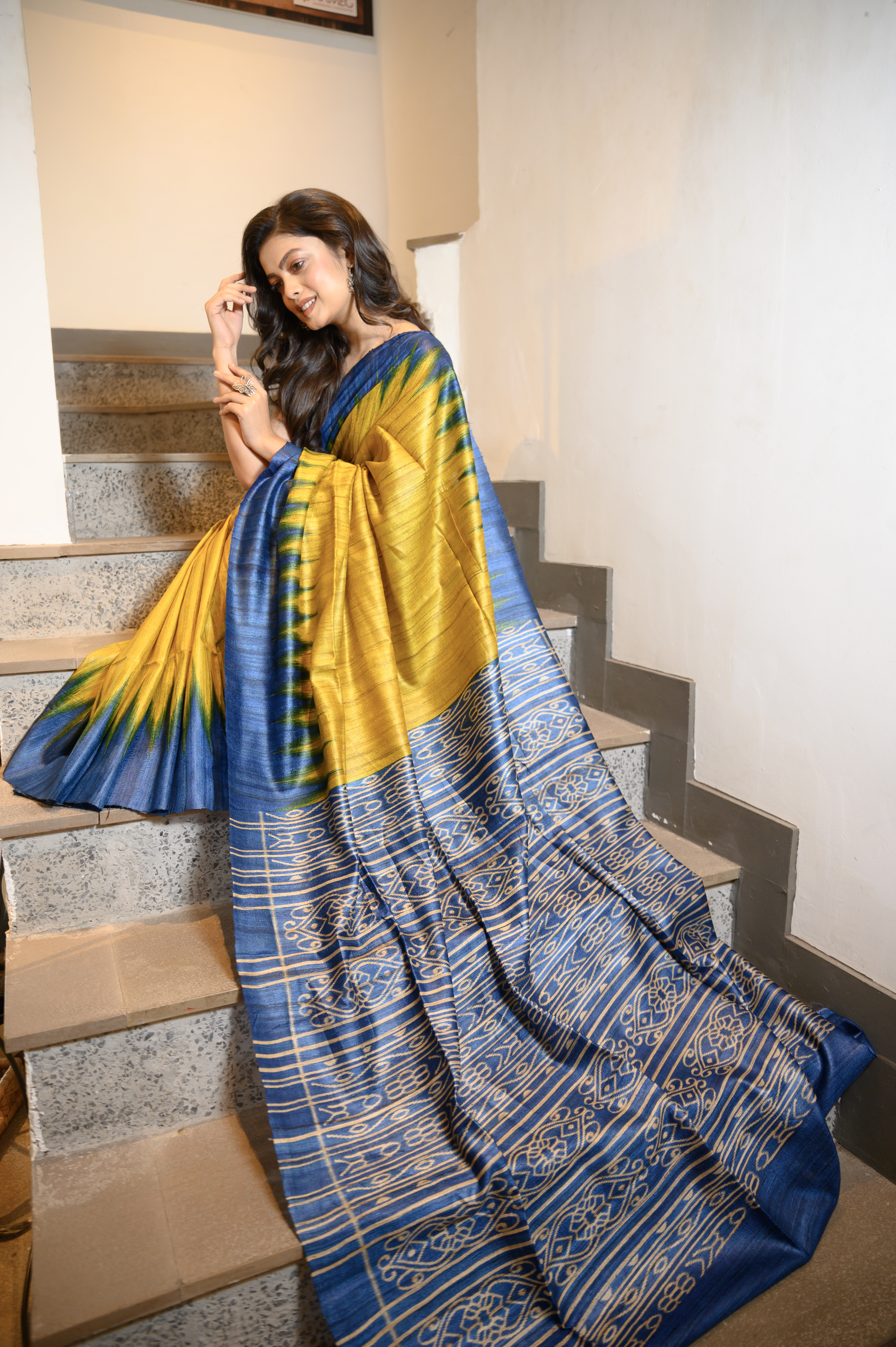 Yellow & Blue Tussar Geecha Saree