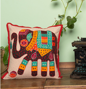 Handcrafted Patchwork Cotton Cushion Cover - Black Elephant Motif Throw…